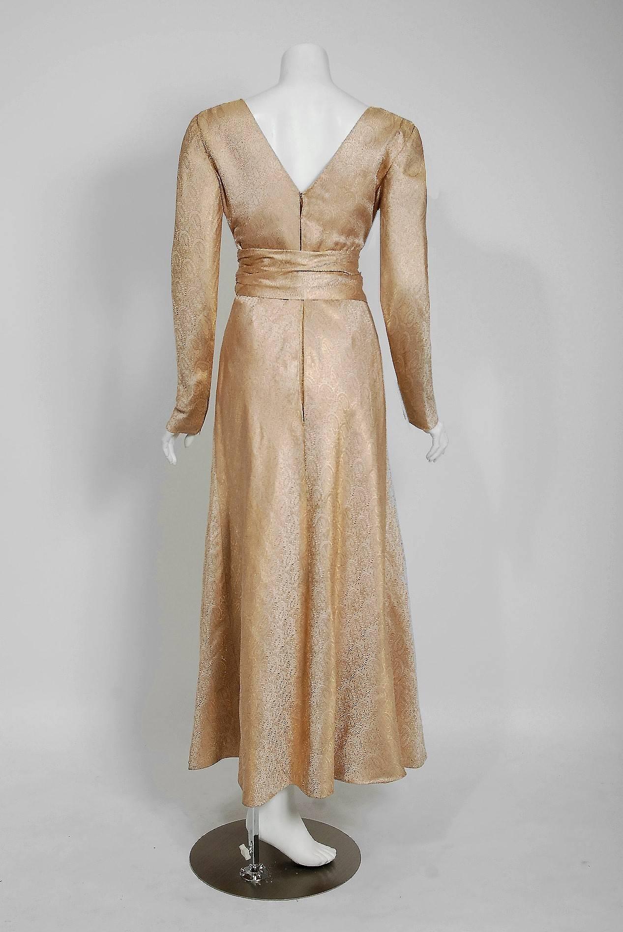 Brown Vintage 1977 Givenchy Haute Couture Metallic Gold Silk Long-Sleeve Plunge Gown