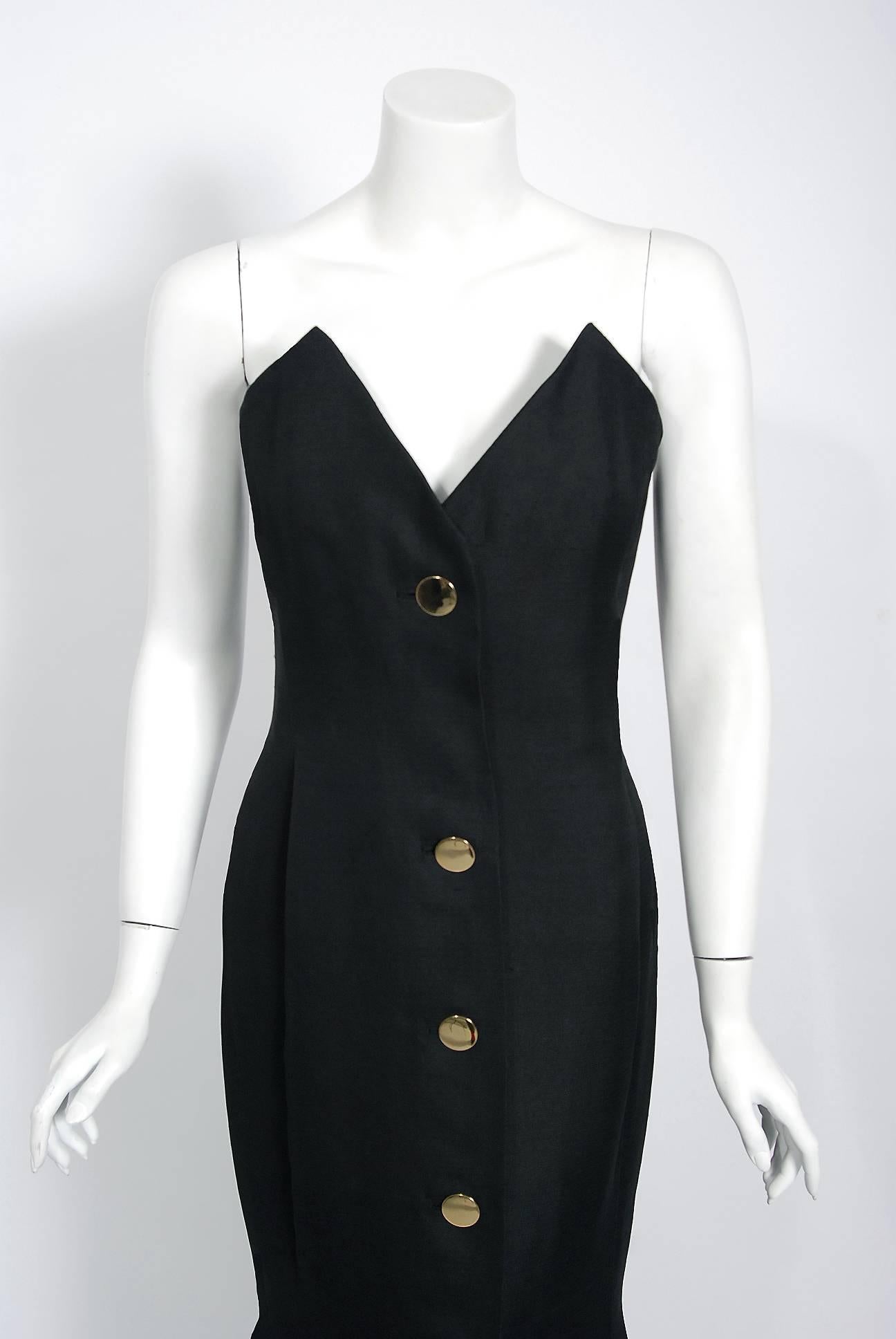 1979 Givenchy Haute-Couture Black Silk Linen Strapless Hourglass Mermaid Gown  In Good Condition In Beverly Hills, CA