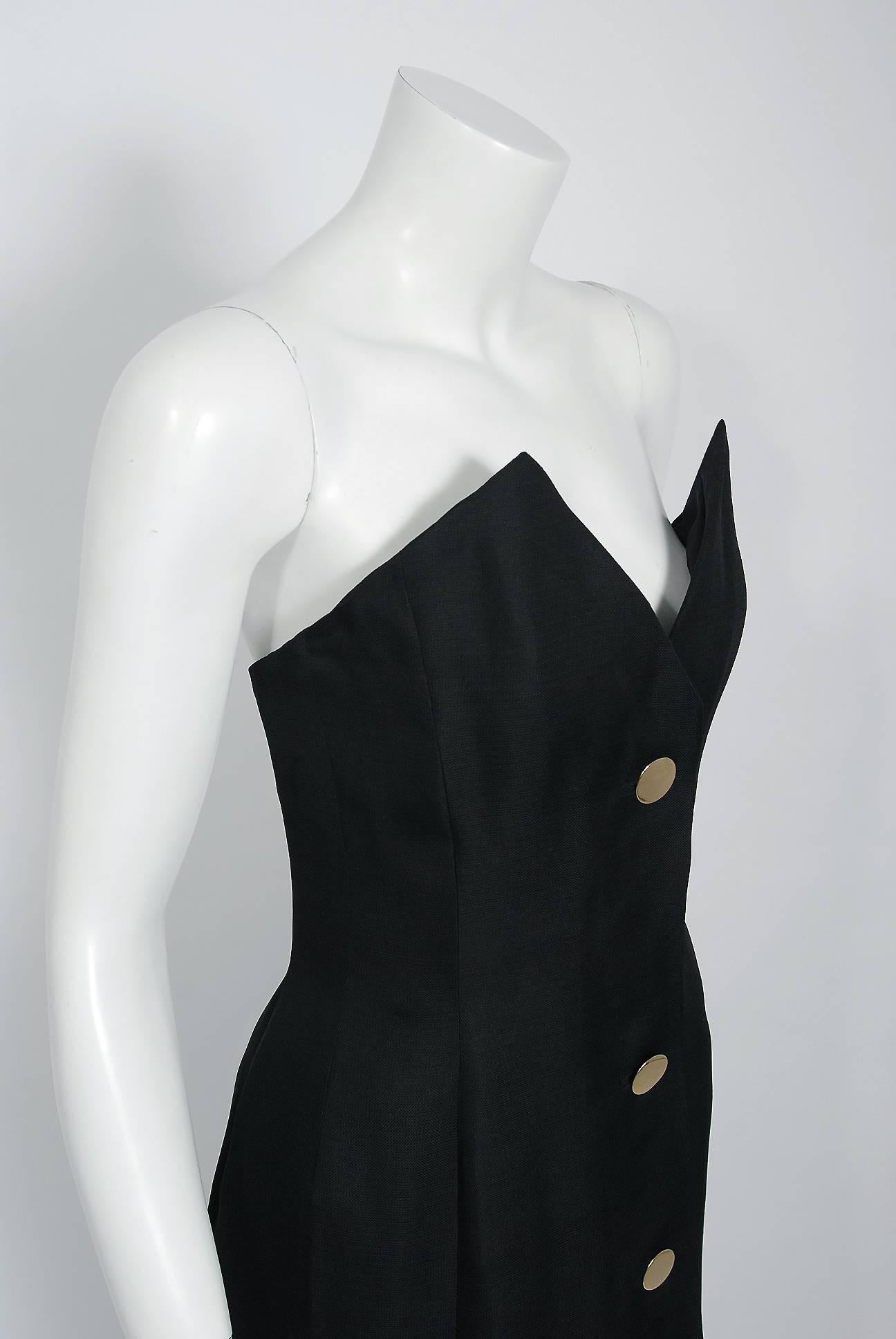 Women's 1979 Givenchy Haute-Couture Black Silk Linen Strapless Hourglass Mermaid Gown 