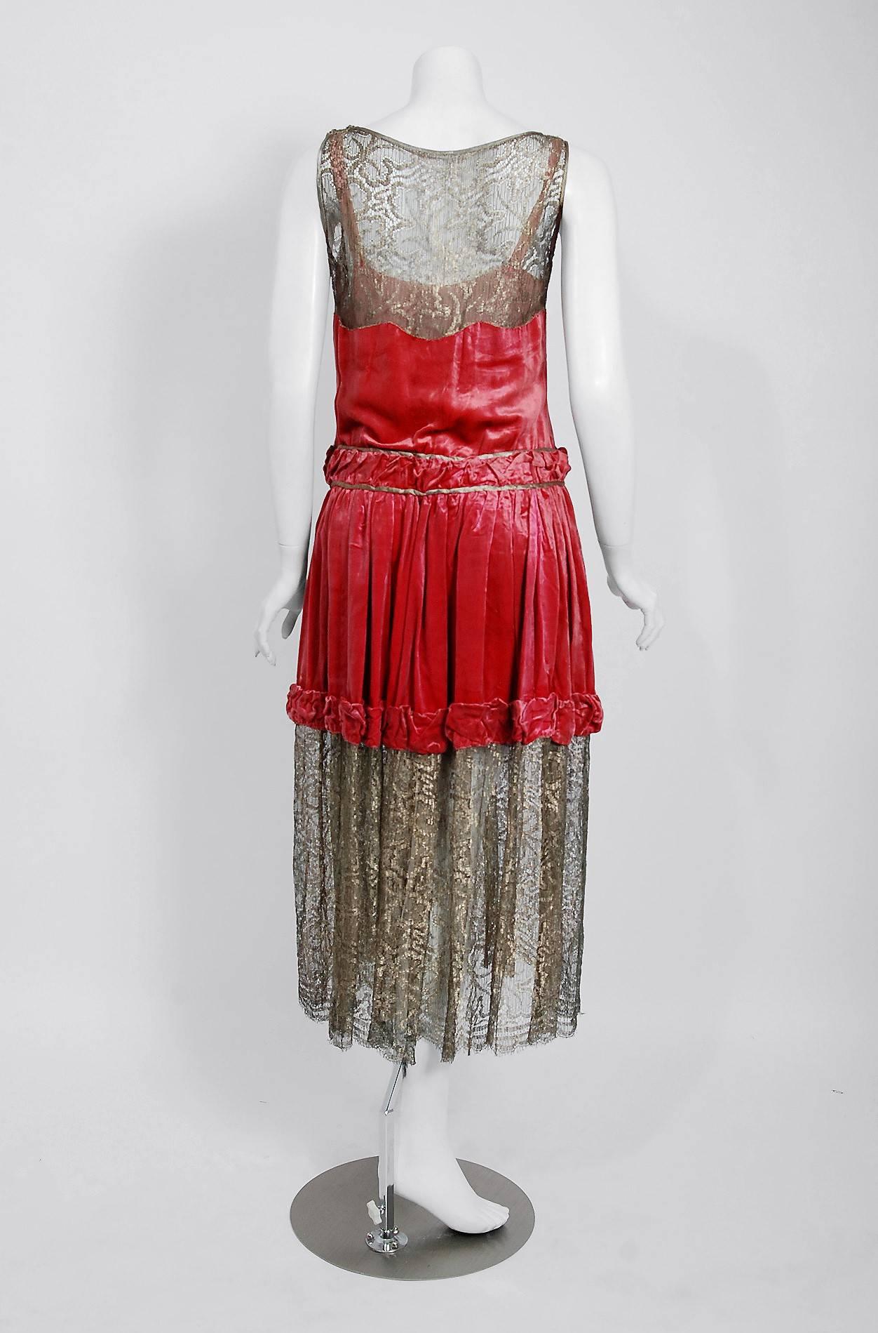 Vintage 1920's Bedell Couture Magenta Velvet Metallic Gold Lace Flapper ...