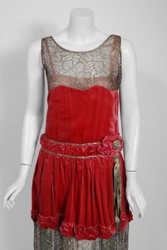 Vintage 1920's Bedell Couture Magenta Velvet Metallic Gold Lace Flapper Dress