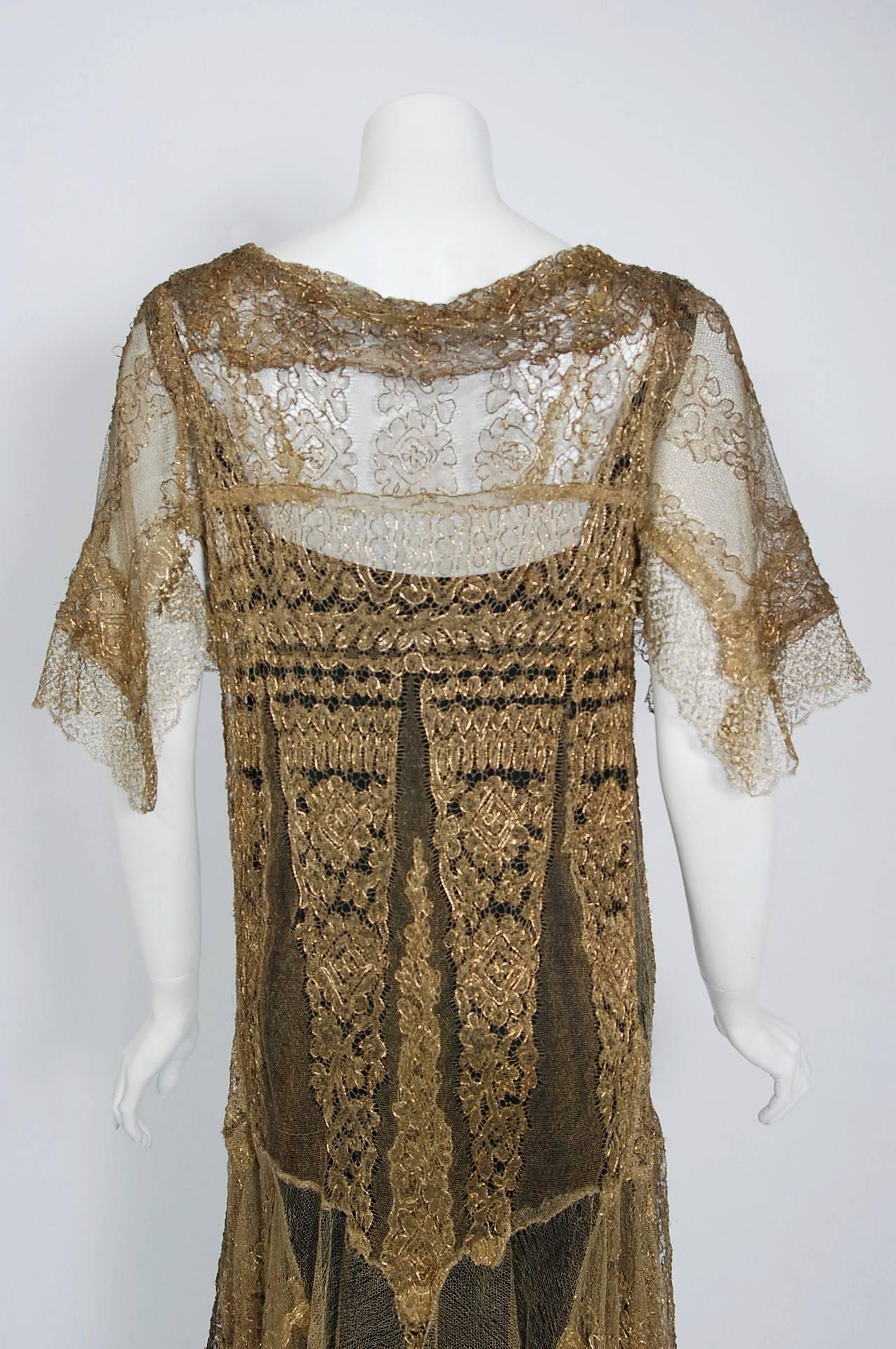 Women's 1920's Oppenheim Collins Couture Metallic-Gold Lace Tiered Flutter Evening Dress