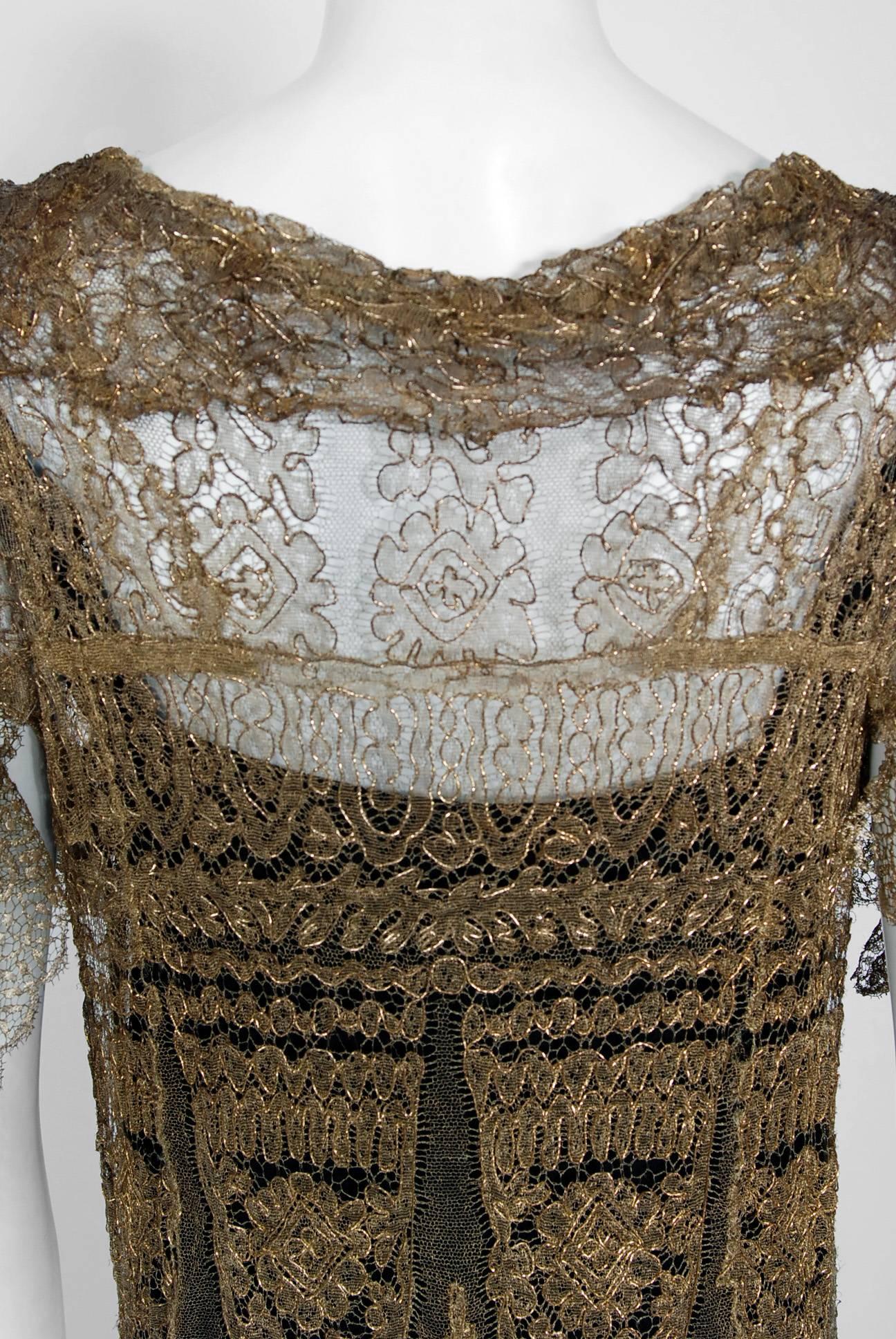 1920's Oppenheim Collins Couture Metallic-Gold Lace Tiered Flutter Evening Dress 1