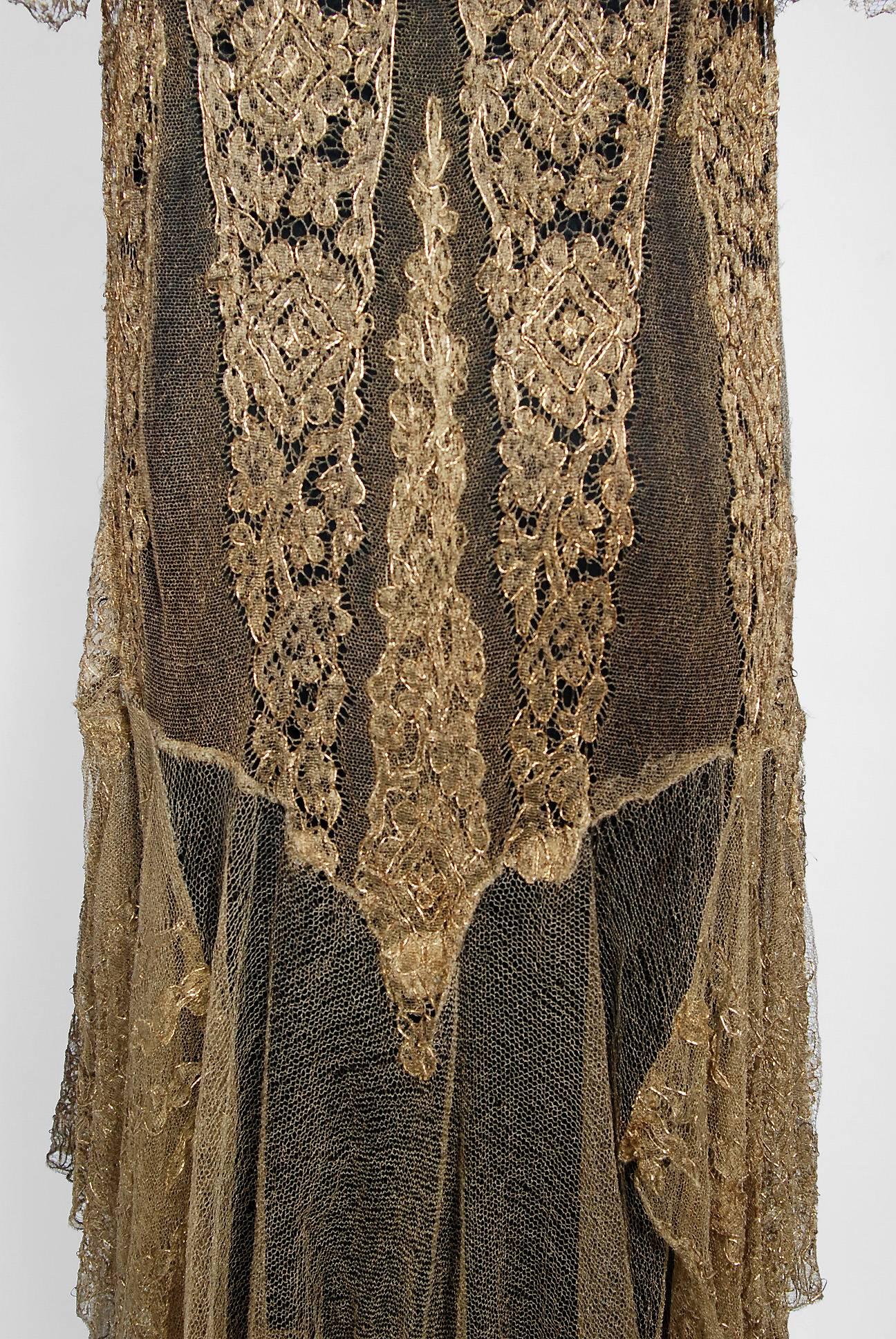 Brown 1920's Oppenheim Collins Couture Metallic-Gold Lace Tiered Flutter Evening Dress