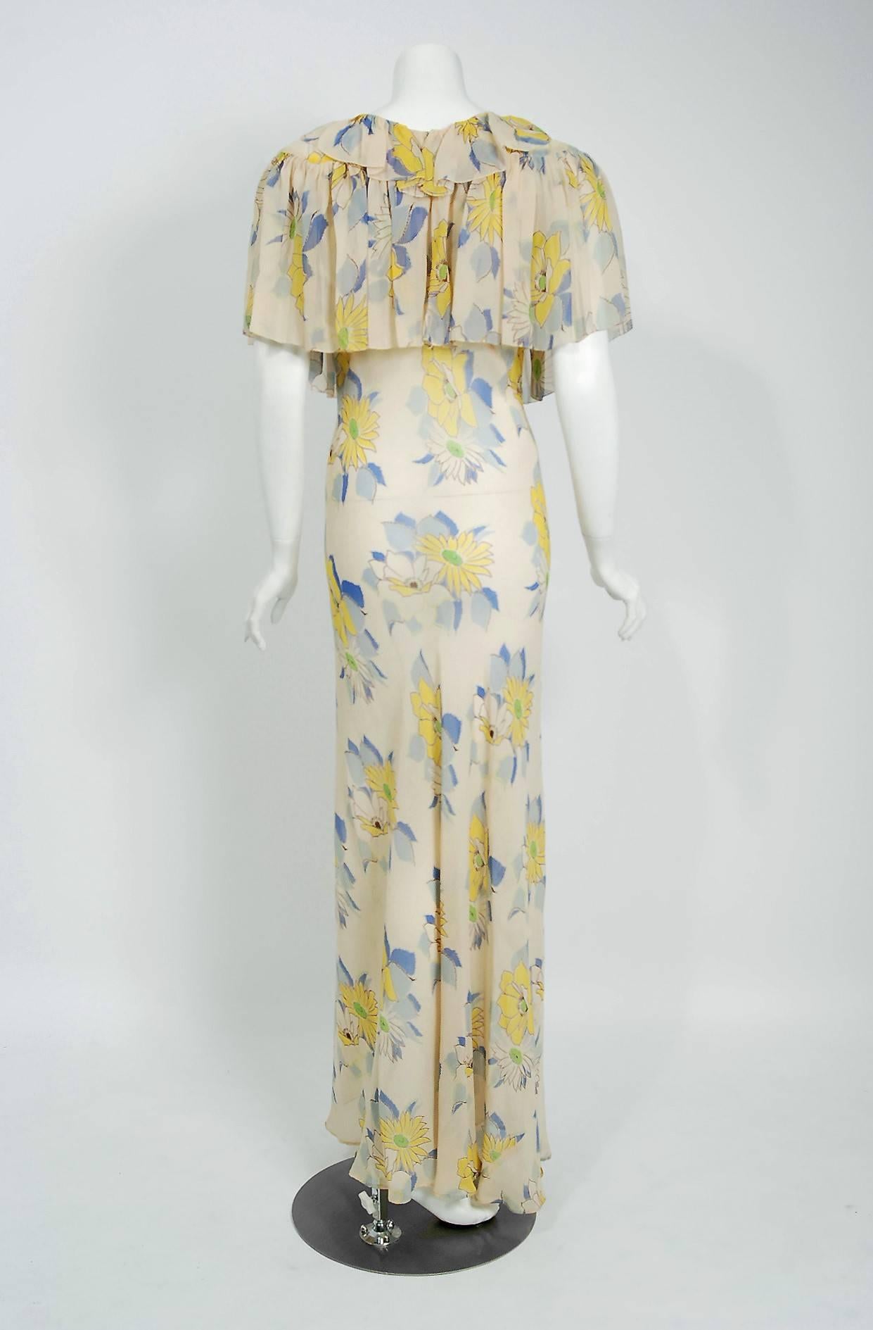 Women's 1930's Ethereal Floral Garden Print Silk Chiffon Bias Cut Pleated Capelet Gown