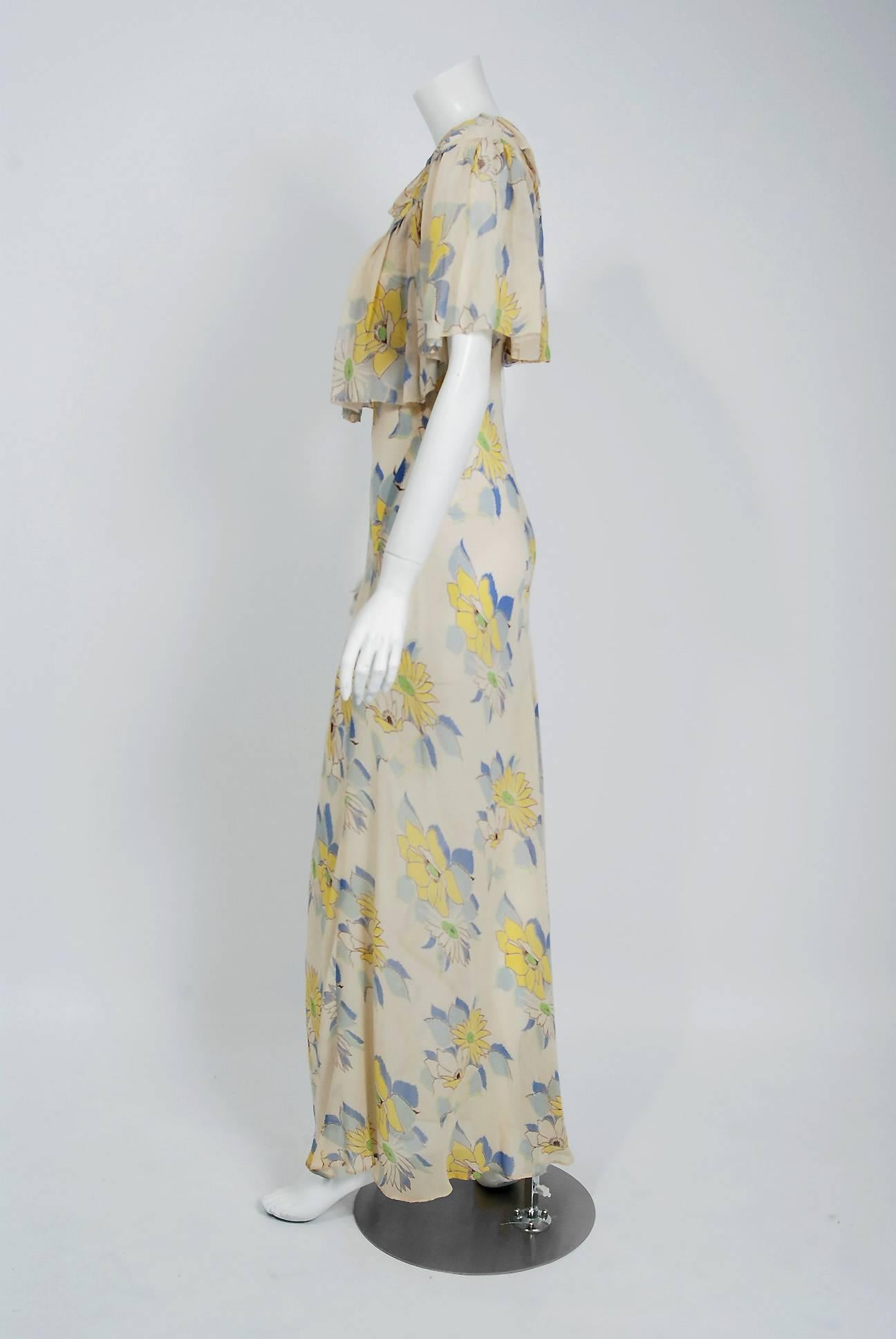 1930's Ethereal Floral Garden Print Silk Chiffon Bias Cut Pleated Capelet Gown In Excellent Condition In Beverly Hills, CA