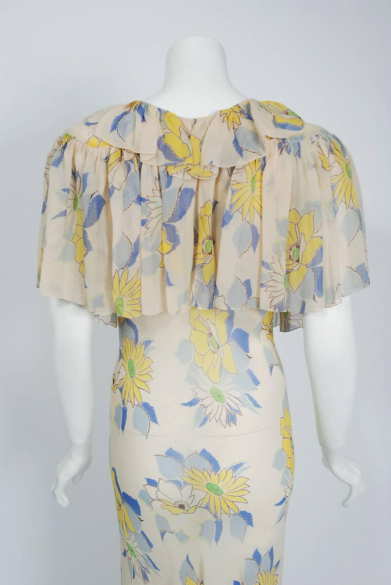 1930's Ethereal Floral Garden Print Silk Chiffon Bias Cut Pleated Capelet Gown 1