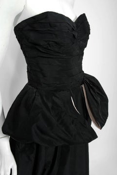 1950's Clifton Wilhite Black Ruched Taffeta Sweetheart Strapless Peplum Dress