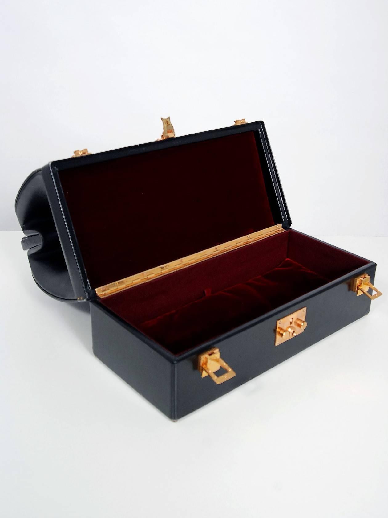 Hermes Paris Rare Black Leather Sac Mallette Two Tier Travel Case Handbag, 1970s 1