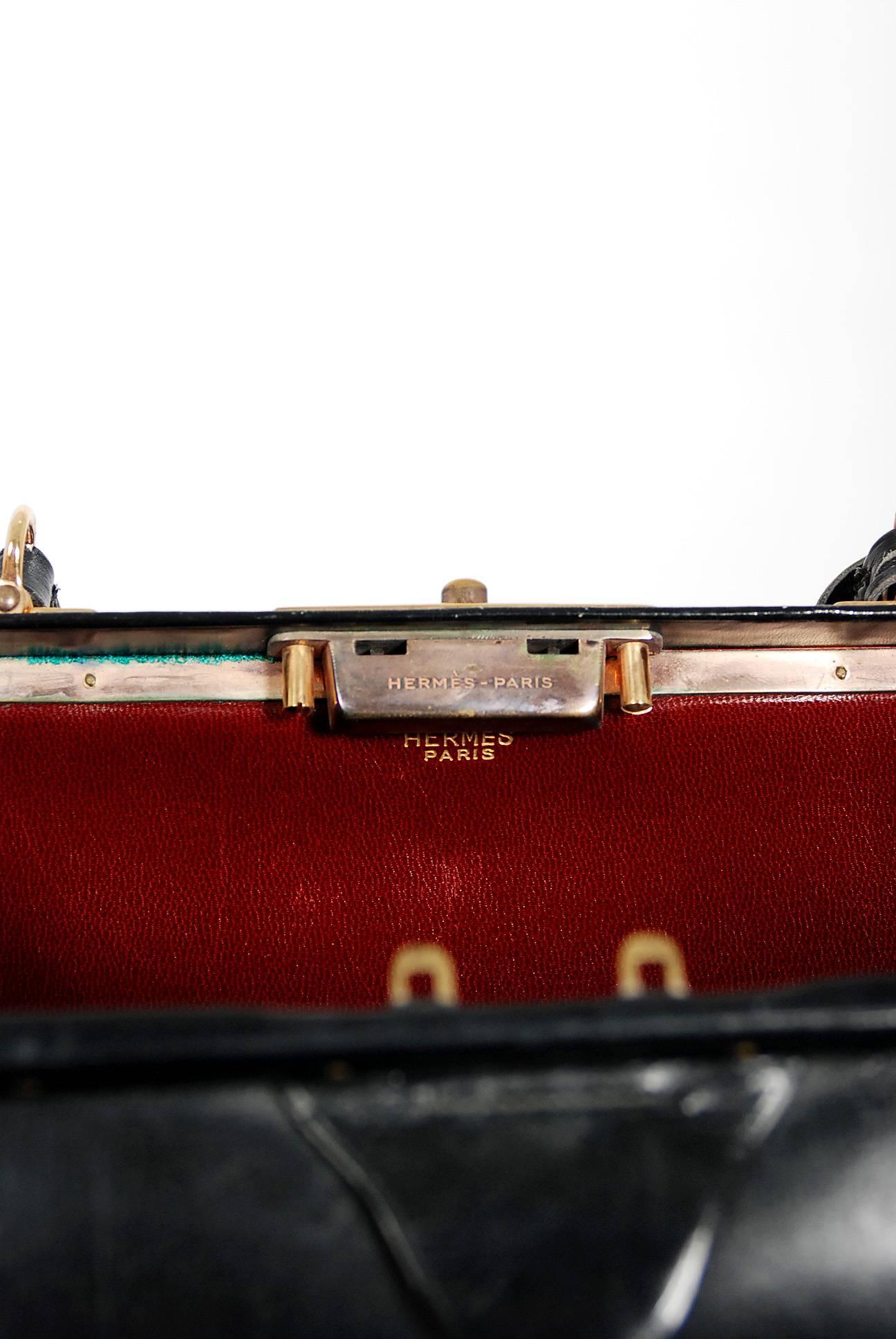 Hermes Paris Rare Black Leather Sac Mallette Two Tier Travel Case Handbag:: 1970s 3