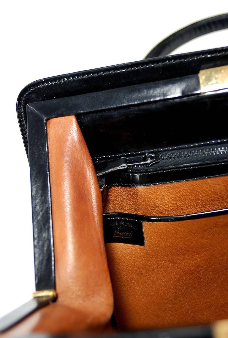 1960's Gucci Rare Black Patent Leather Lock and Key Structured Handbag