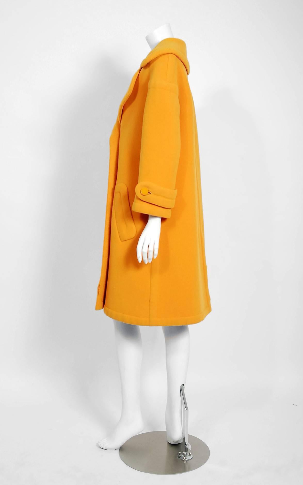 1964 Nina Ricci Haute-Couture Marigold Wool Double Breasted Sculpted Mod Coat In Excellent Condition In Beverly Hills, CA