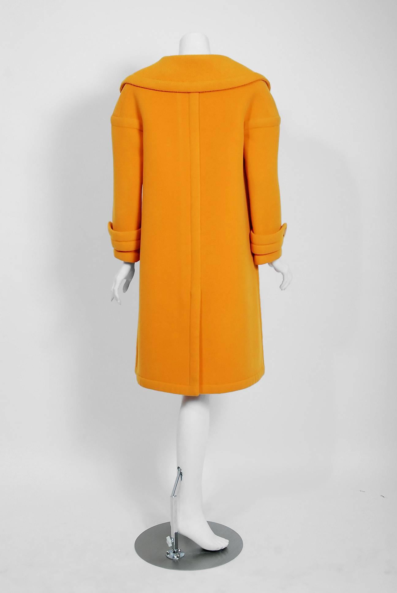 1964 Nina Ricci Haute-Couture Marigold Wool Double Breasted Sculpted Mod Coat 1