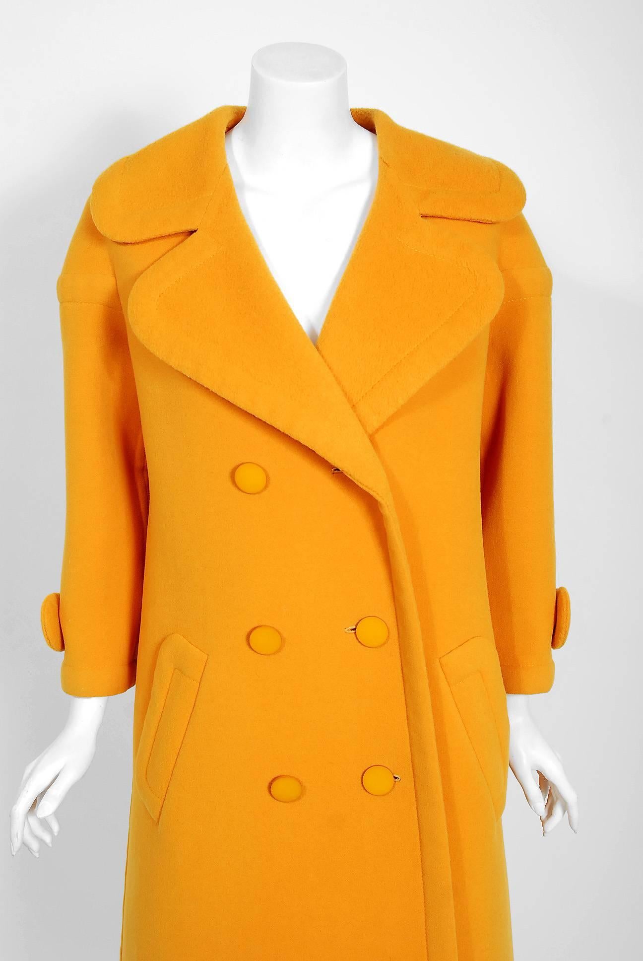 Orange 1964 Nina Ricci Haute-Couture Marigold Wool Double Breasted Sculpted Mod Coat
