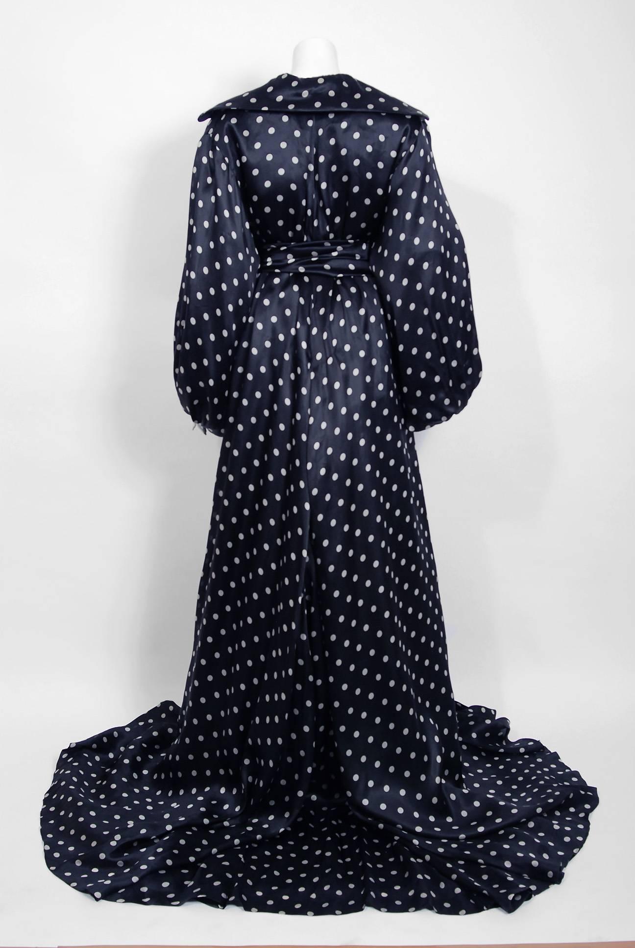 Black 1990 Christian Dior Haute Couture Runway Polka Dot Silk Full Length Gown Jacket