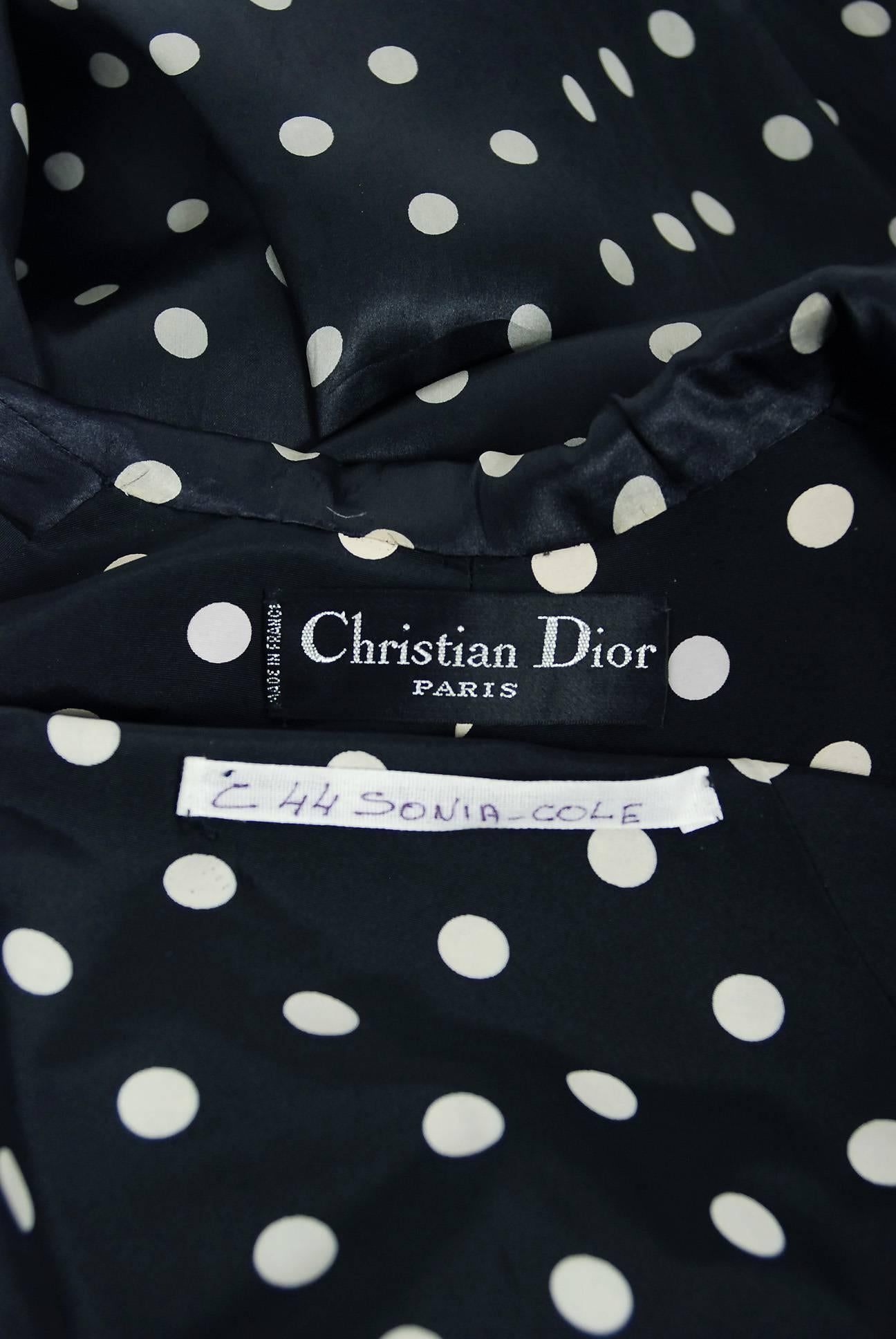 1990 Christian Dior Haute Couture Runway Polka Dot Silk Full Length Gown Jacket In Excellent Condition In Beverly Hills, CA
