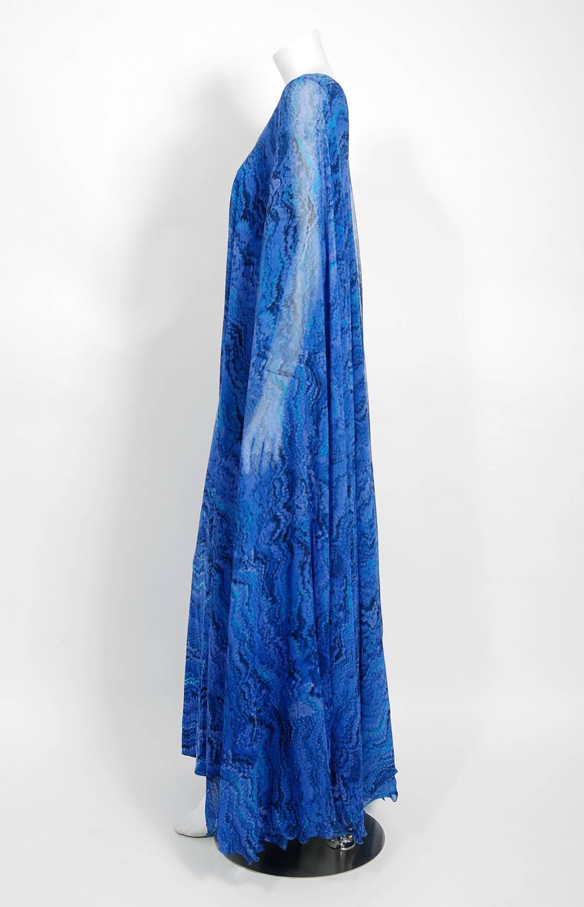 Vintage 1970's La Mendola Novelty Butterfly Print Blue Purple Silk Caftan Gown  For Sale 1
