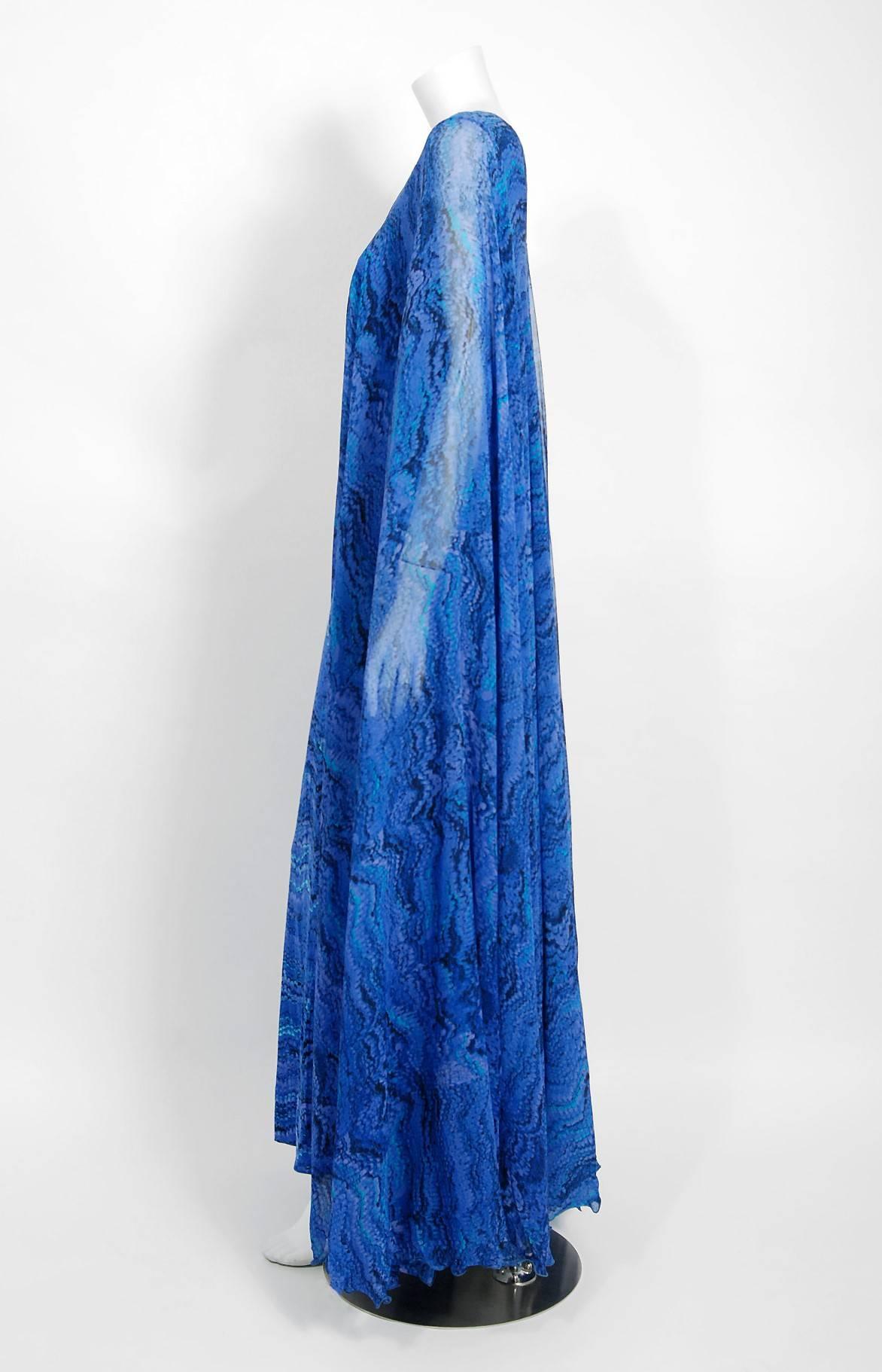 Vintage 1970's La Mendola Novelty Butterfly Print Blue Purple Silk Caftan Gown 1