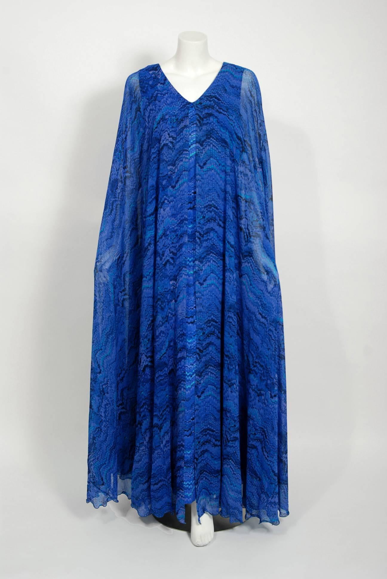 Vintage 1970's La Mendola Novelty Butterfly Print Blue Purple Silk Caftan Gown  For Sale 2