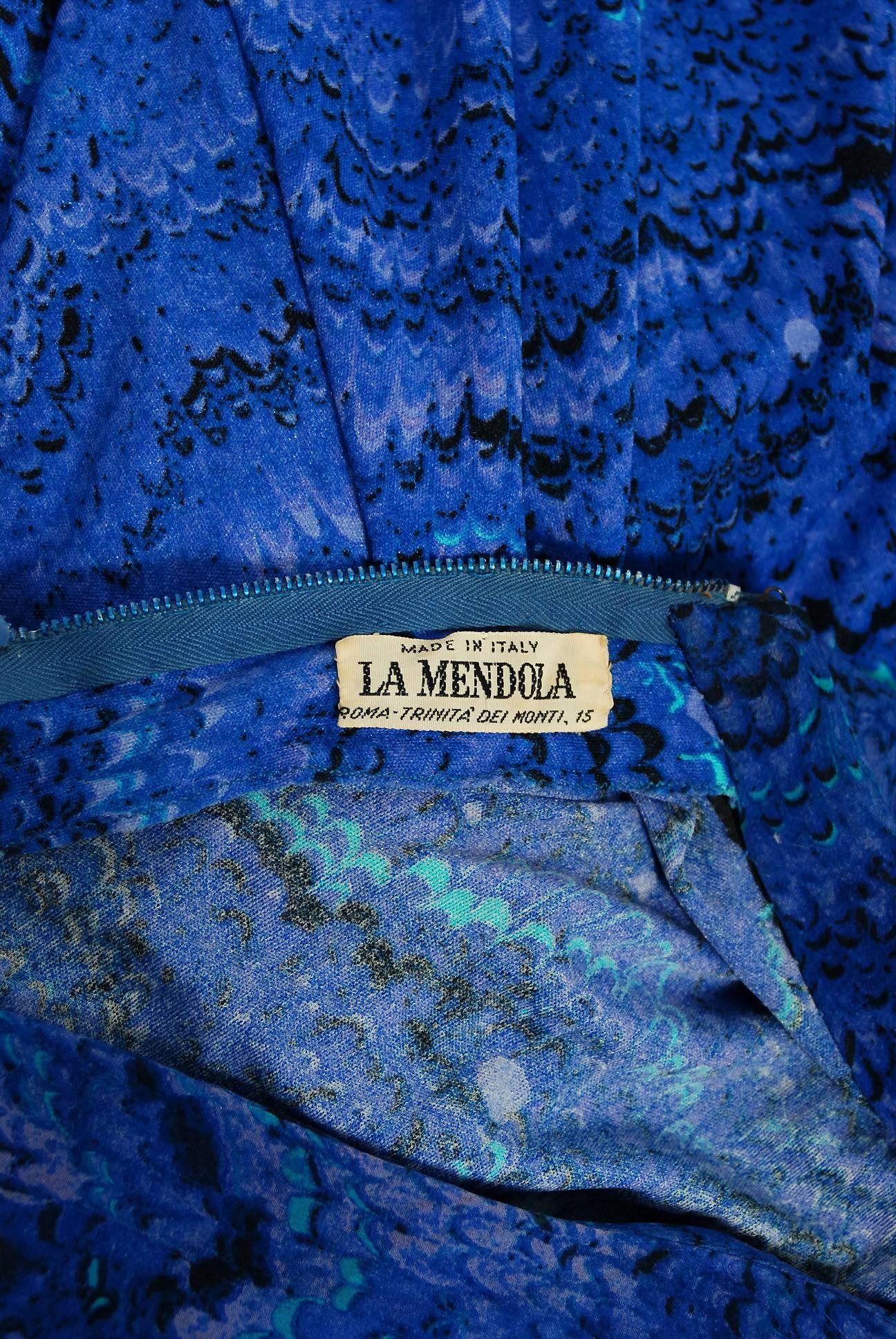 Vintage 1970's La Mendola Novelty Butterfly Print Blue Purple Silk Caftan Gown  For Sale 4
