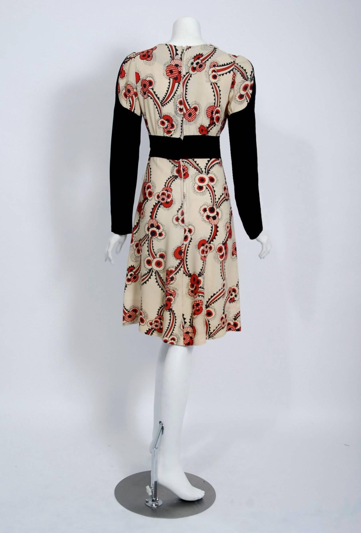 Women's Vintage 1974 Ossie Clark Red Floral Celia Birtwell Print Crepe Block Color Dress