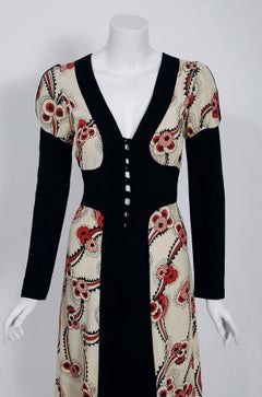 Vintage 1974 Ossie Clark Red Floral Celia Birtwell Print Crepe Block Color Dress