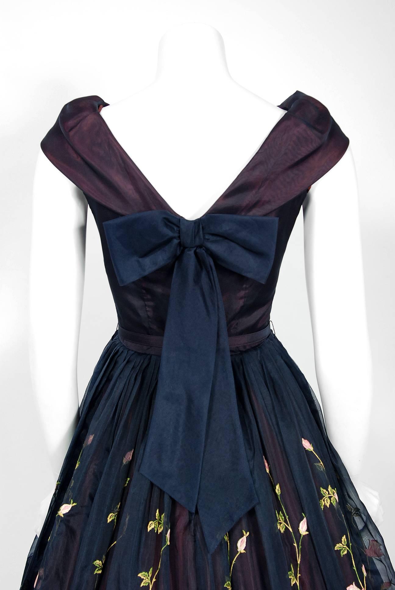 Women's 1950's Claudia Young Floral Garden Embroidered Navy Organza Belted Party Dress