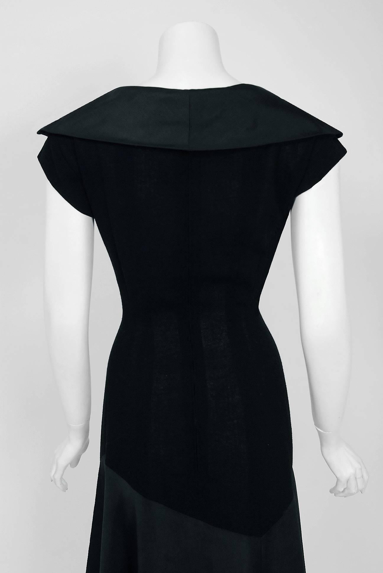 Vintage 1950's Pauline Trigere Black Wool and Silk Asymmetric Flounce Dress   In Good Condition In Beverly Hills, CA
