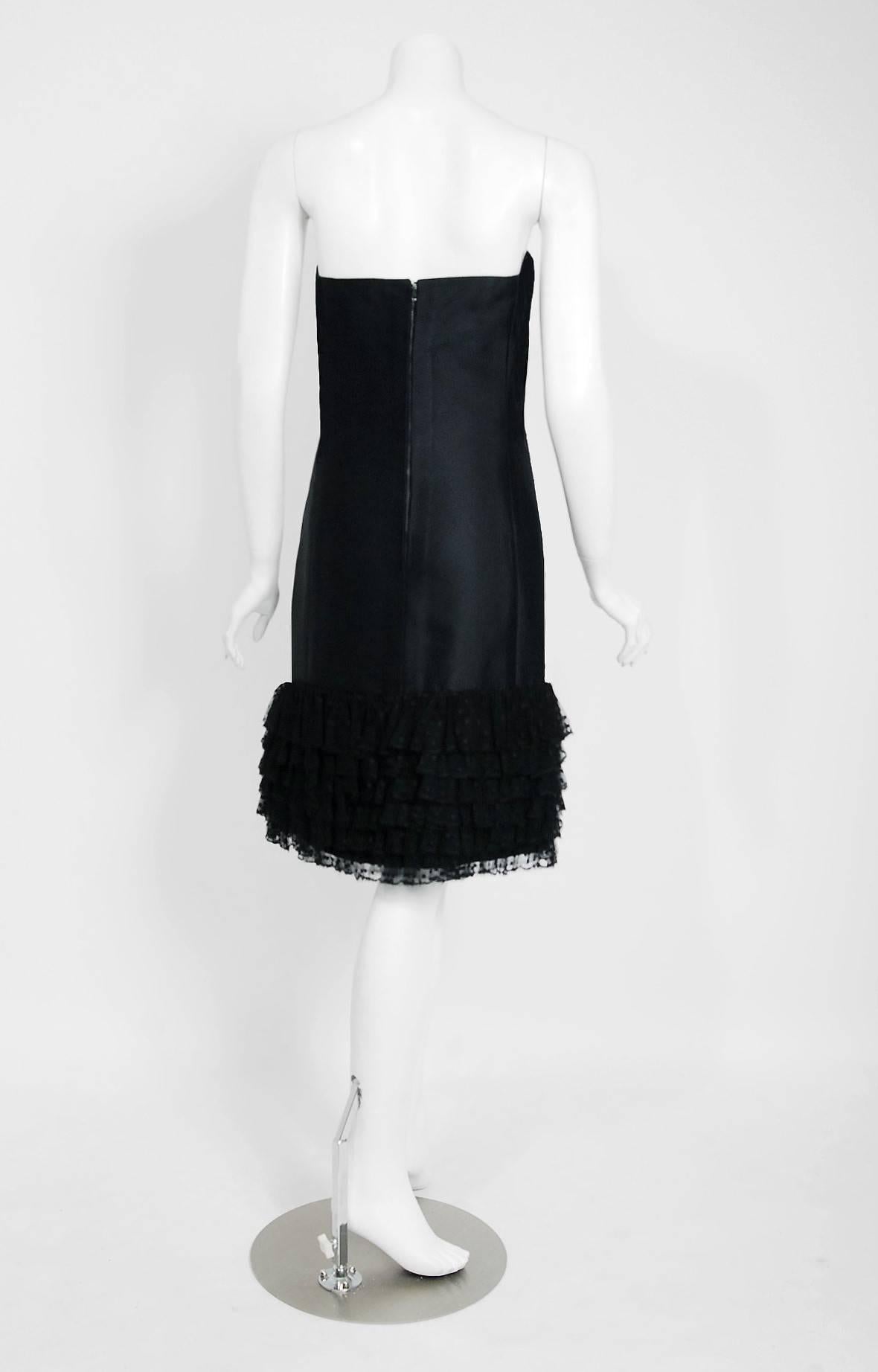 1960 Christian Dior Black Silk & Dotted Tulle Strapless Bow Cocktail Party Dress 2