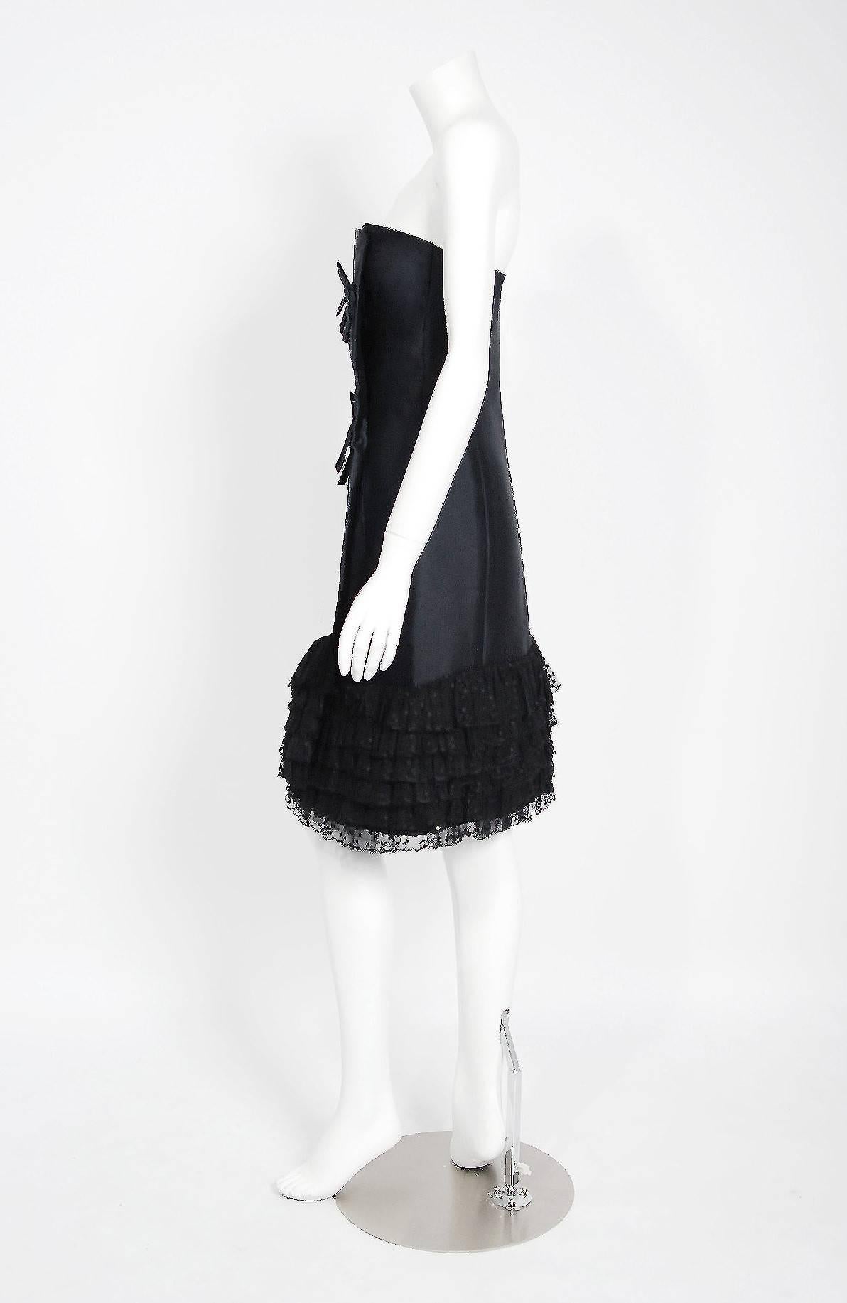 Women's 1960 Christian Dior Black Silk & Dotted Tulle Strapless Bow Cocktail Party Dress