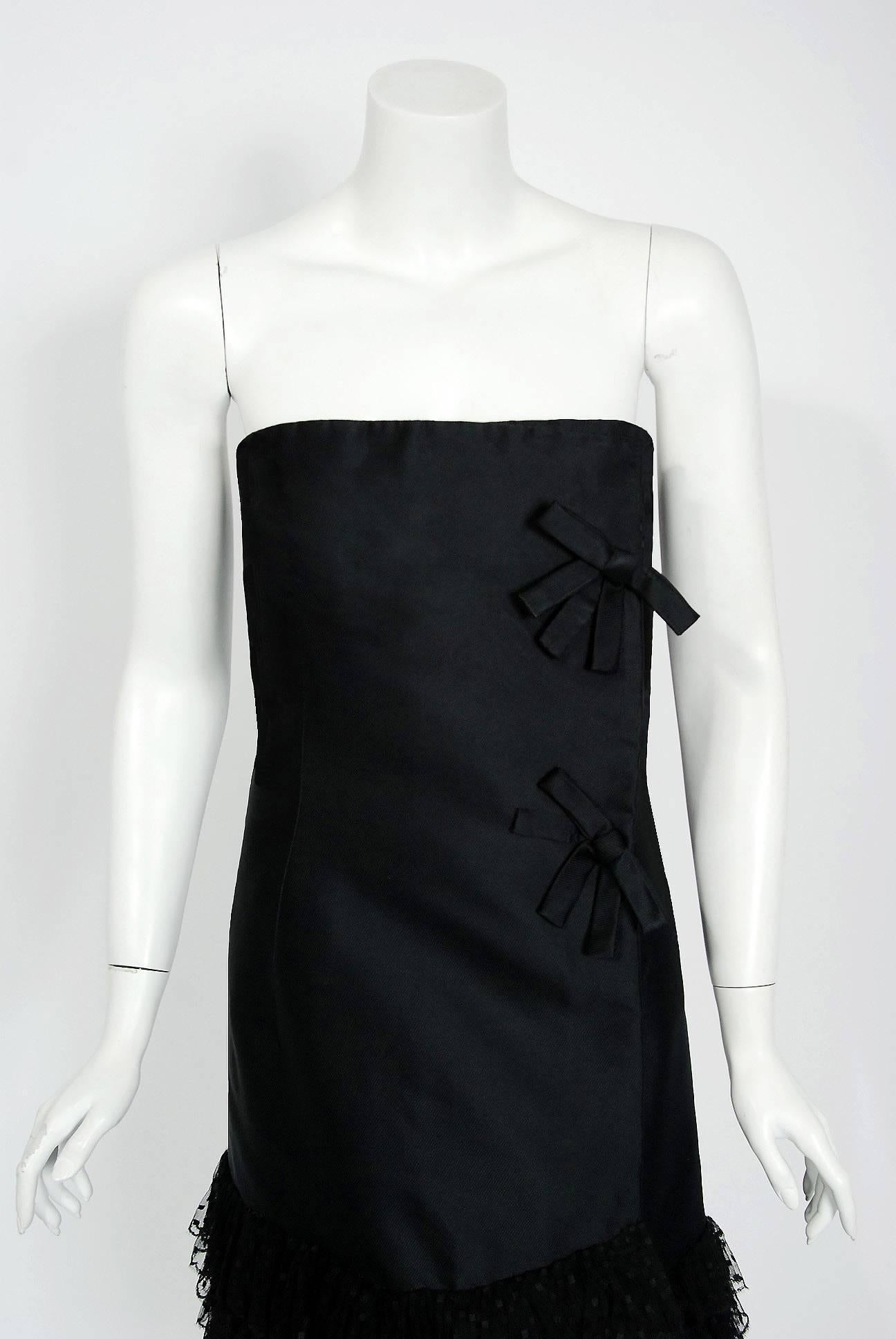 A timeless "Little Black Dress" created when Yves Saint Laurent was head designer at Christian Dior. Here is a rare opportunity to own a breathtaking 1960 Christian Dior dress designed by Yves Saint Laurent in France, for the American