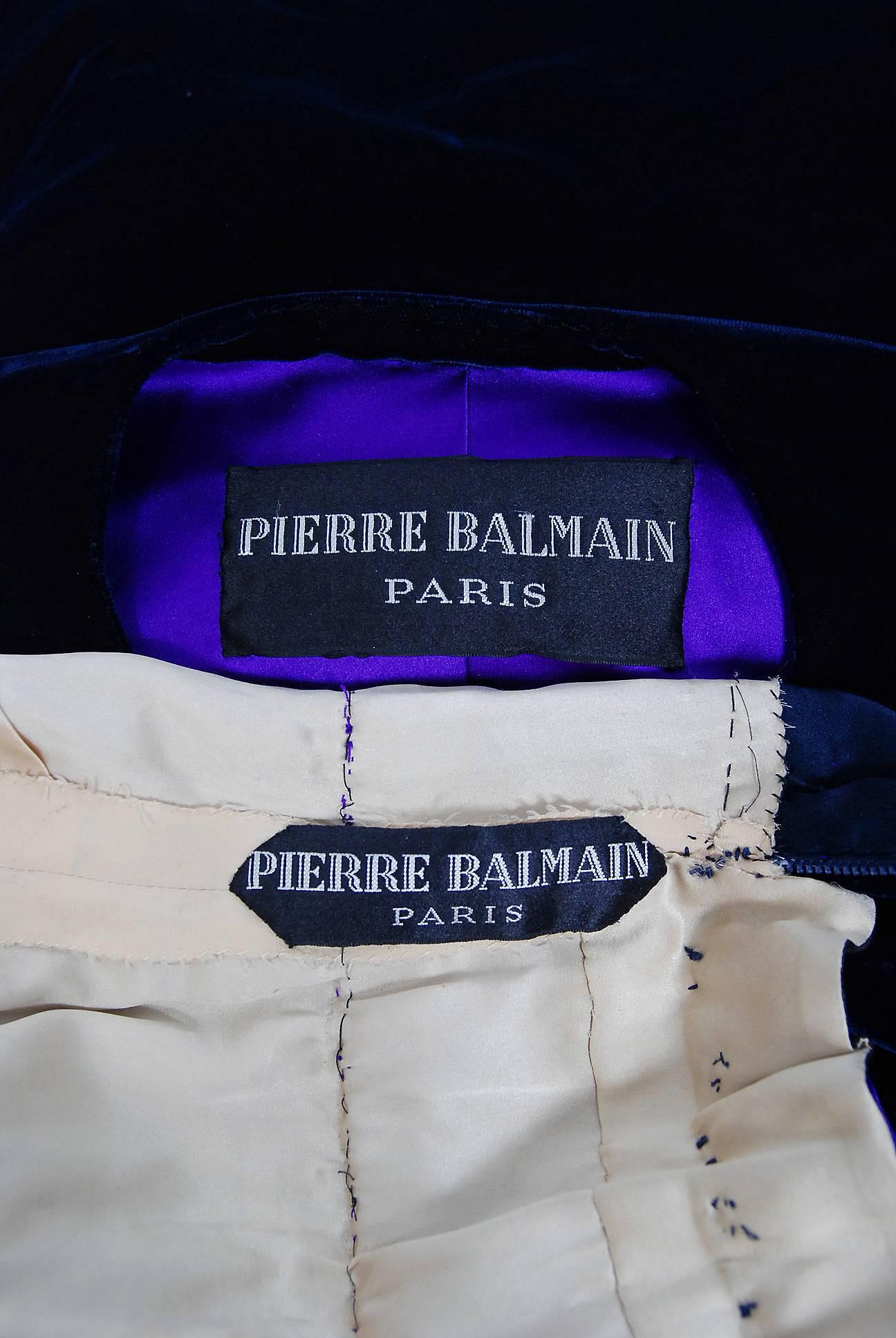 Vintage 1971 Pierre Balmain Haute Couture Perlenbesetzter blauer Samt Jumpsuit und Jacke im Angebot 2