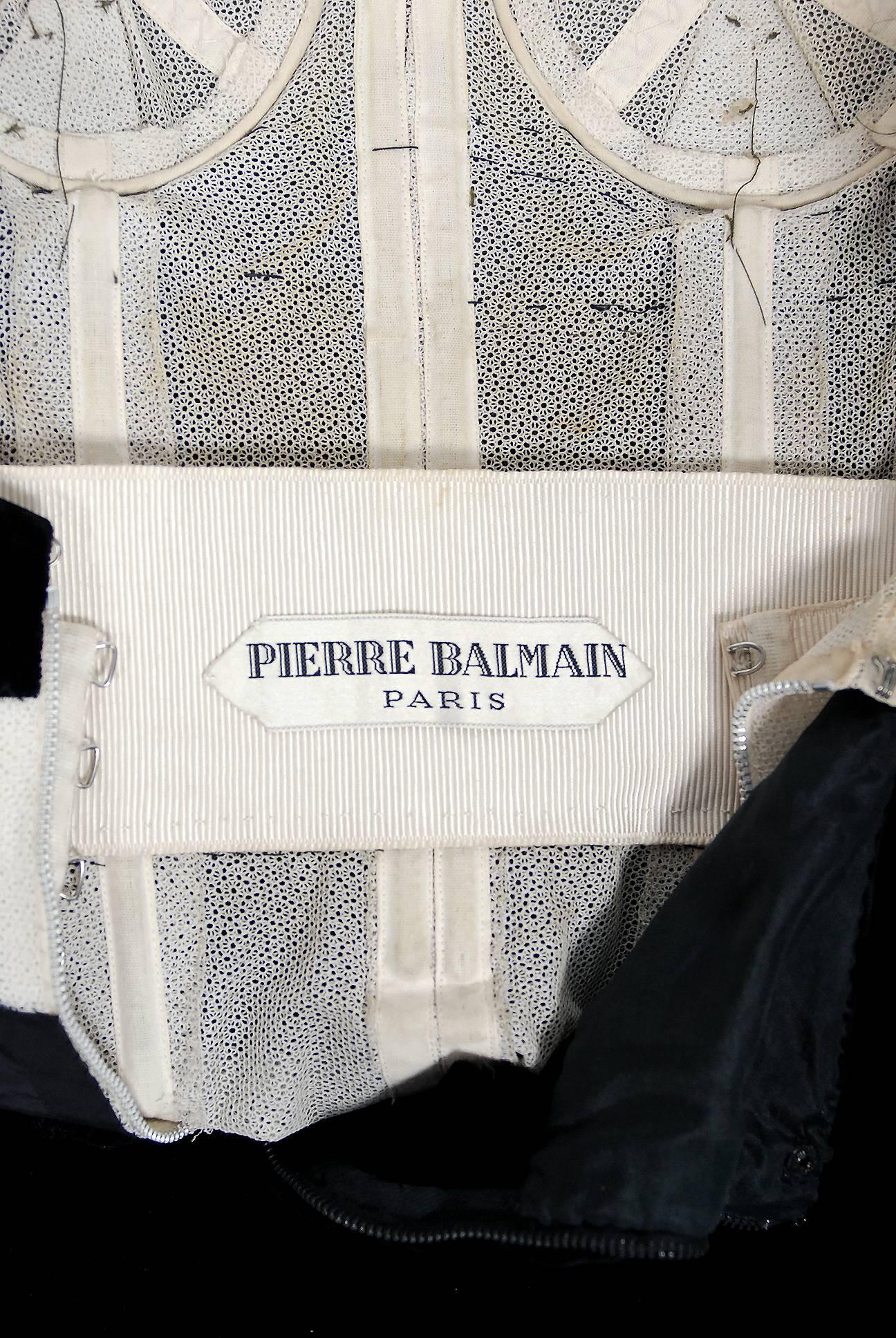 Vintage 1957 Pierre Balmain Haute Couture Black Velvet Olive Silk Strapless Gown 1