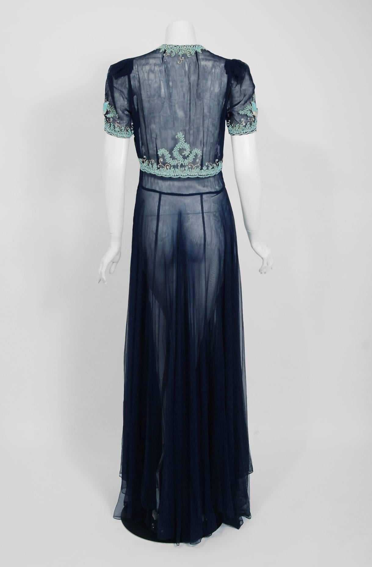 1930's Navy Blue Couture Beaded Embroidered Sheer Net Puff Sleeve Bias-Cut Gown 2