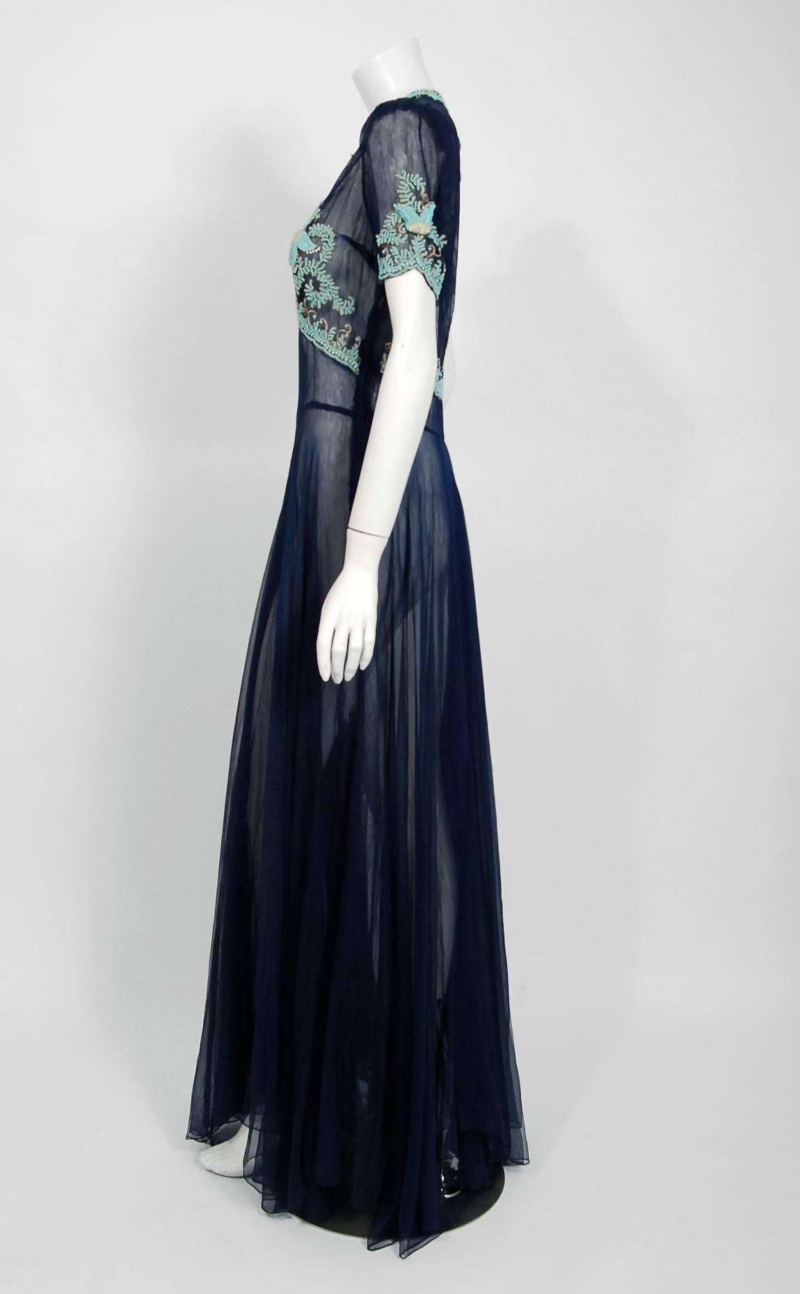 1930's Navy Blue Couture Beaded Embroidered Sheer Net Puff Sleeve Bias-Cut Gown 1