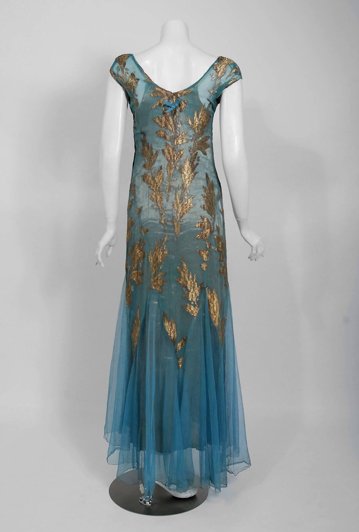 1930's French Couture Metallic-Gold Lamé Leaf Motif Blue Bias-Cut ...