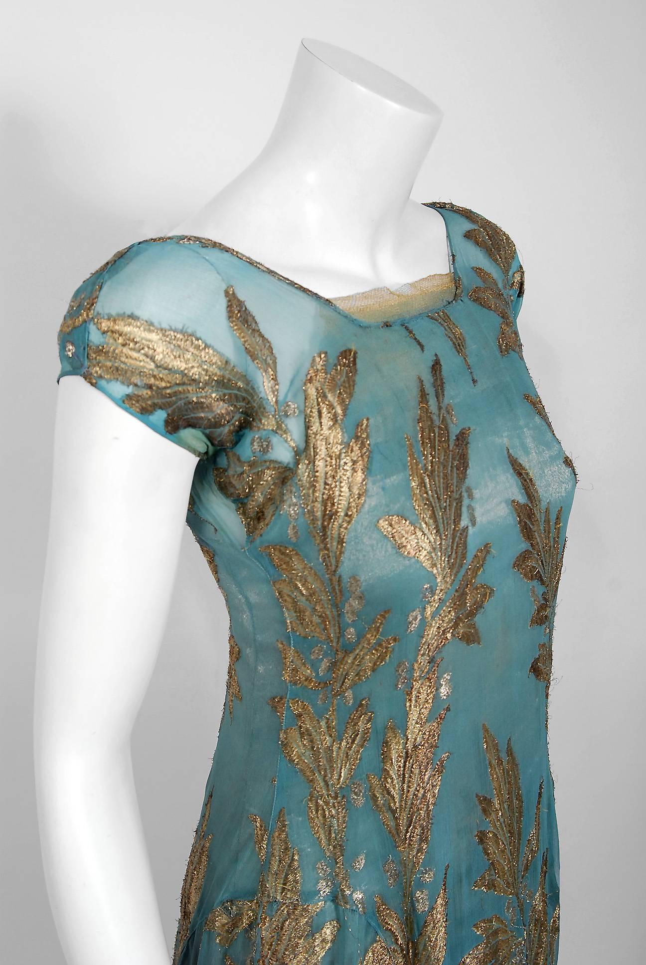 Gray 1930's French Couture Metallic-Gold Lamé Leaf Motif Blue Bias-Cut Evening Dress