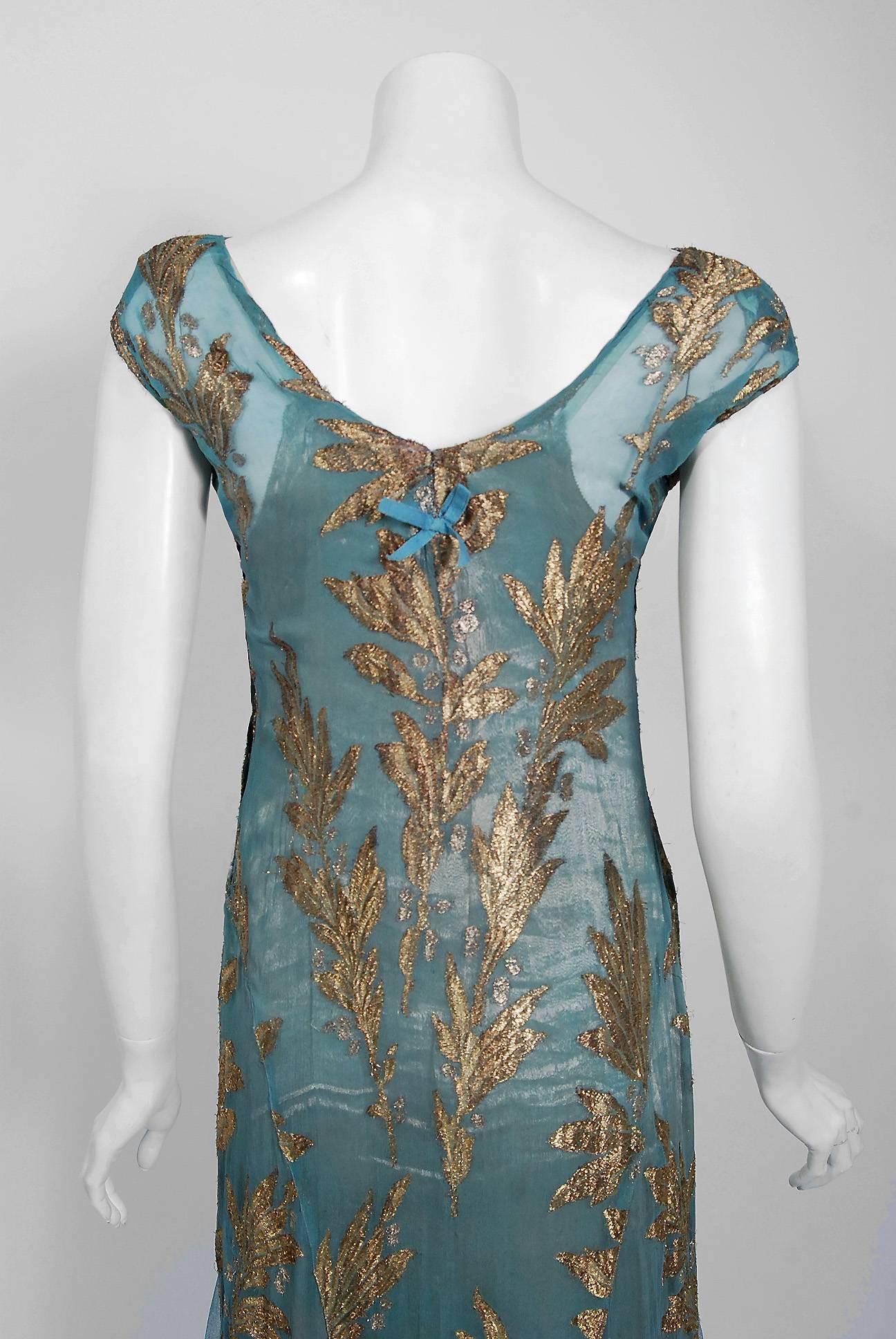 1930's French Couture Metallic-Gold Lamé Leaf Motif Blue Bias-Cut Evening Dress 3