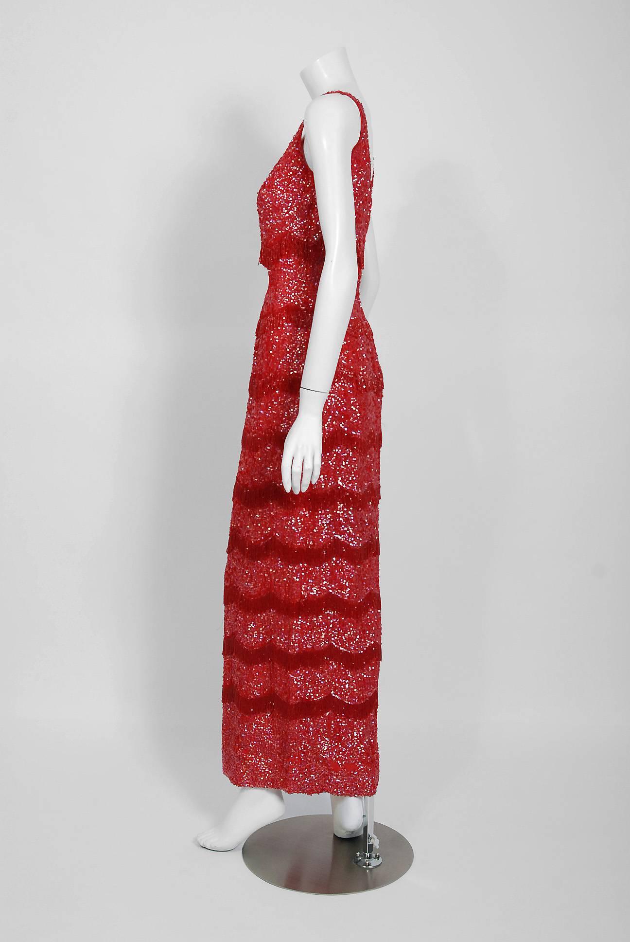 Women's 1950's Louis Haftel Cherry Red Sequin Silk Beaded Fringe Hourglass Evening Gown