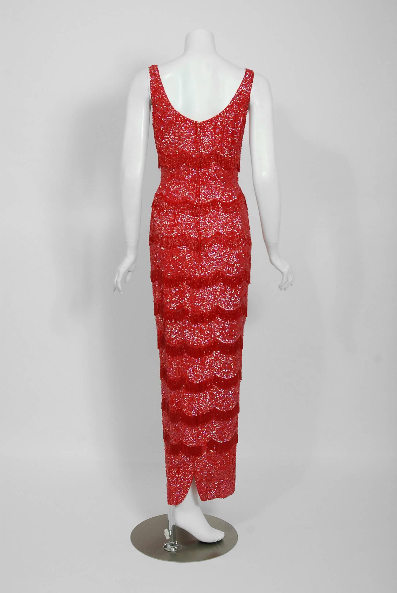 1950's Louis Haftel Cherry Red Sequin Silk Beaded Fringe Hourglass Evening Gown 1