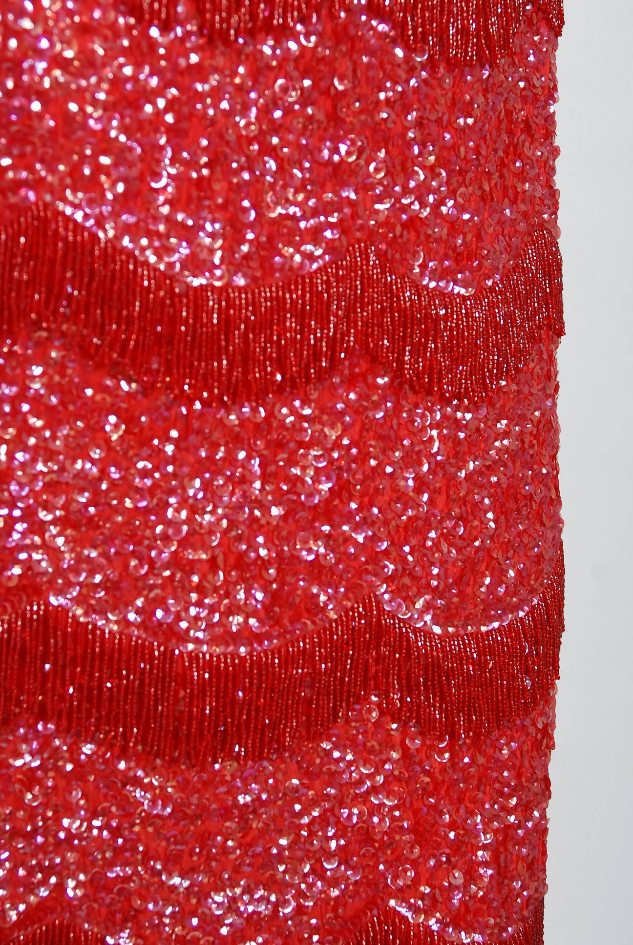 1950's Louis Haftel Cherry Red Sequin Silk Beaded Fringe Hourglass Evening Gown In Excellent Condition In Beverly Hills, CA