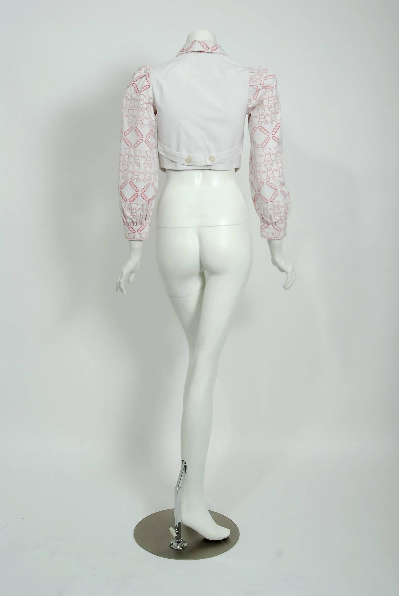 1968 Zandra Rhodes Couture Teddy Bear Novelty Print White Denim Cropped Jacket 1