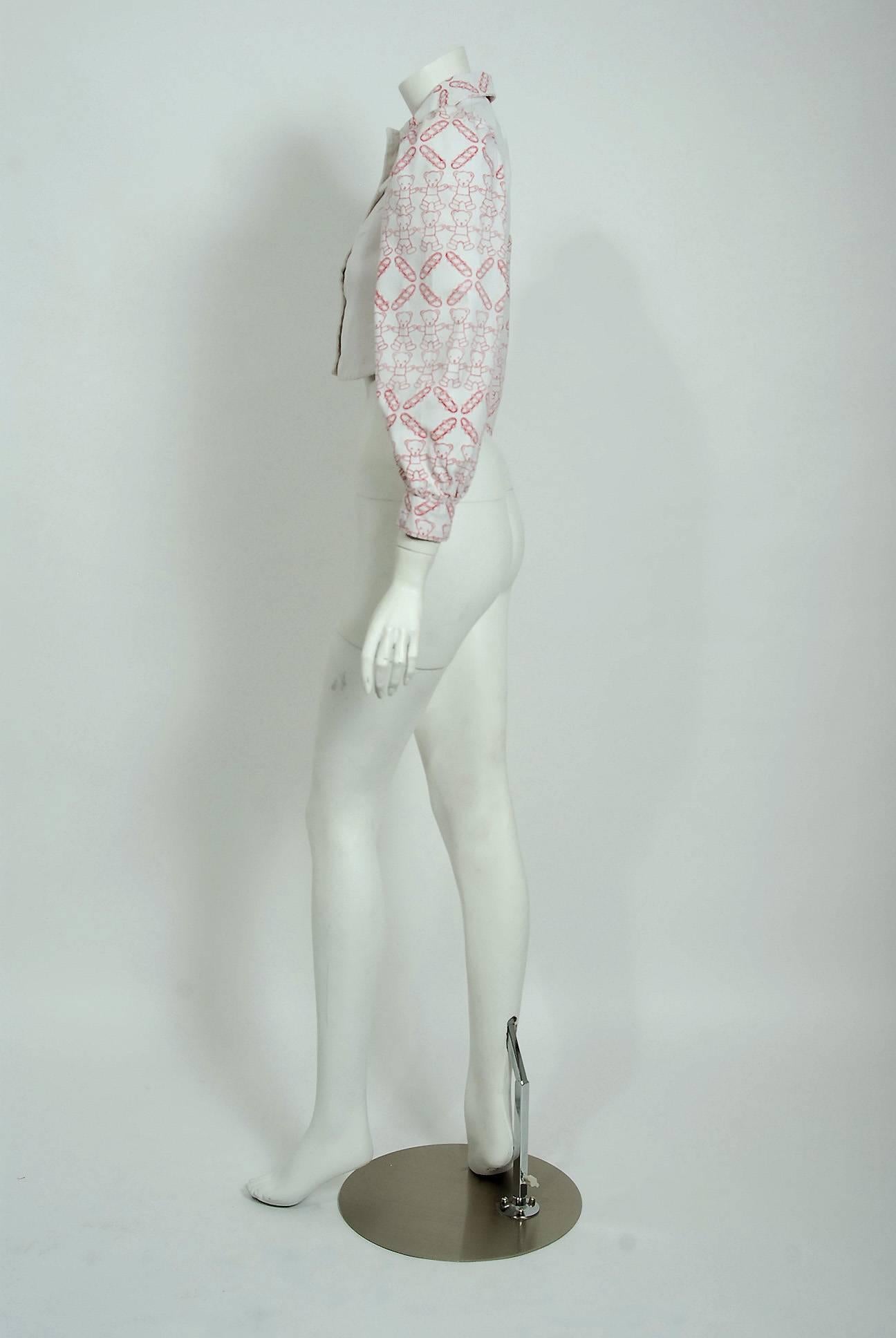 Women's 1968 Zandra Rhodes Couture Teddy Bear Novelty Print White Denim Cropped Jacket