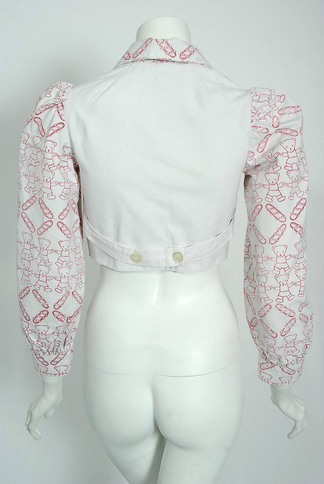 1968 Zandra Rhodes Couture Teddy Bear Novelty Print White Denim Cropped Jacket 2