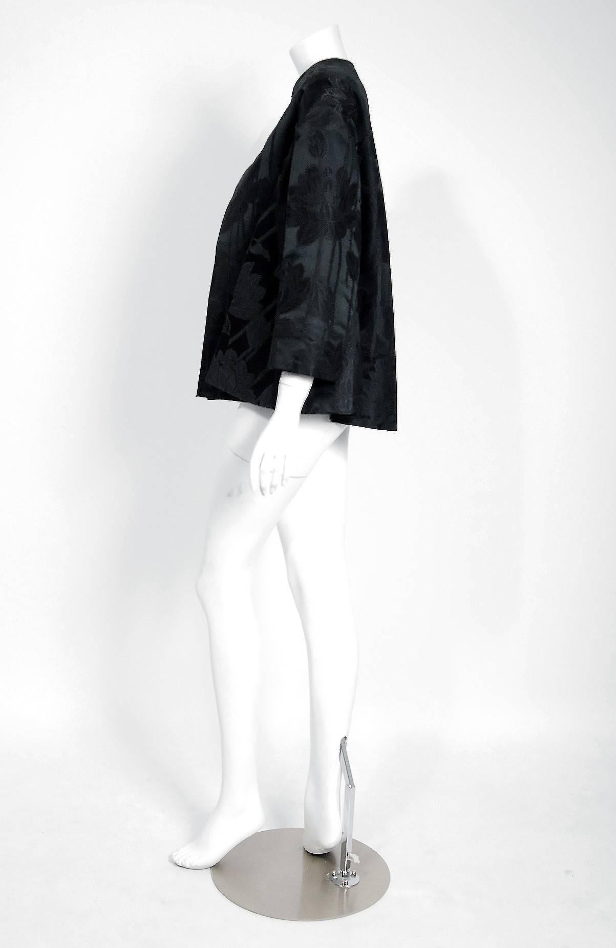 Black Vintage 1953 Christian Dior Haute-Couture Floral Silk Brocade Winged Jacket