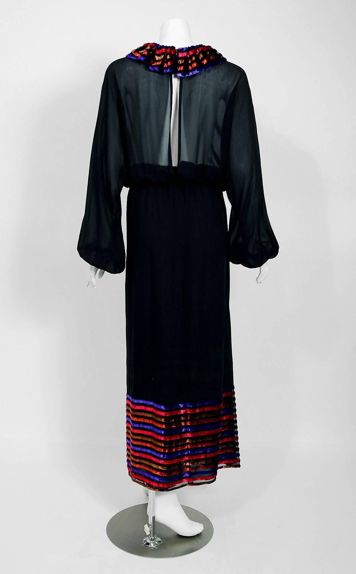 Women's Vintage 1978 Lanvin Couture Black Sheer Silk & Stripe Velvet Billow-Sleeve Gown For Sale