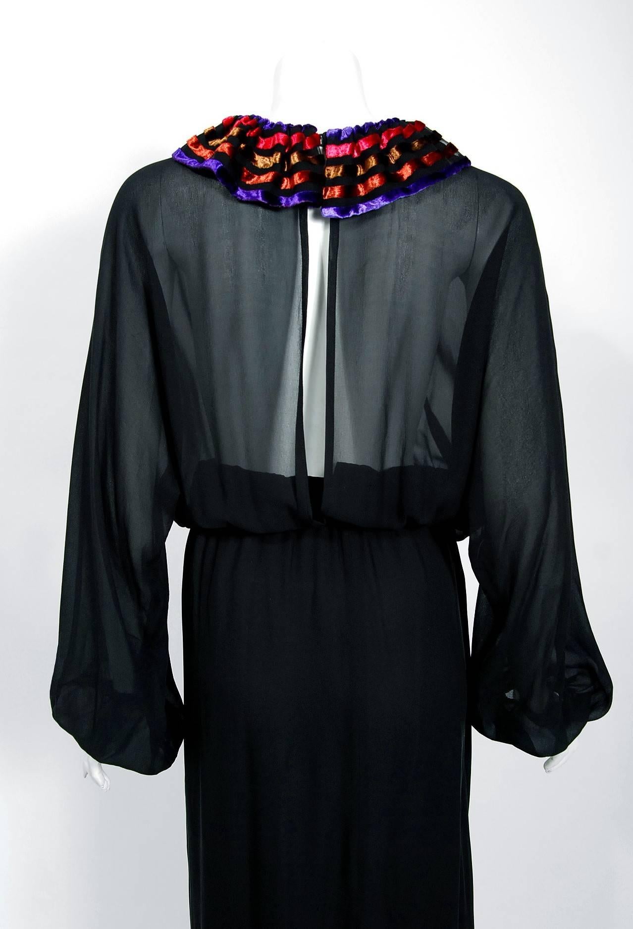 Vintage 1978 Lanvin Couture Black Sheer Silk & Stripe Velvet Billow-Sleeve Gown For Sale 1