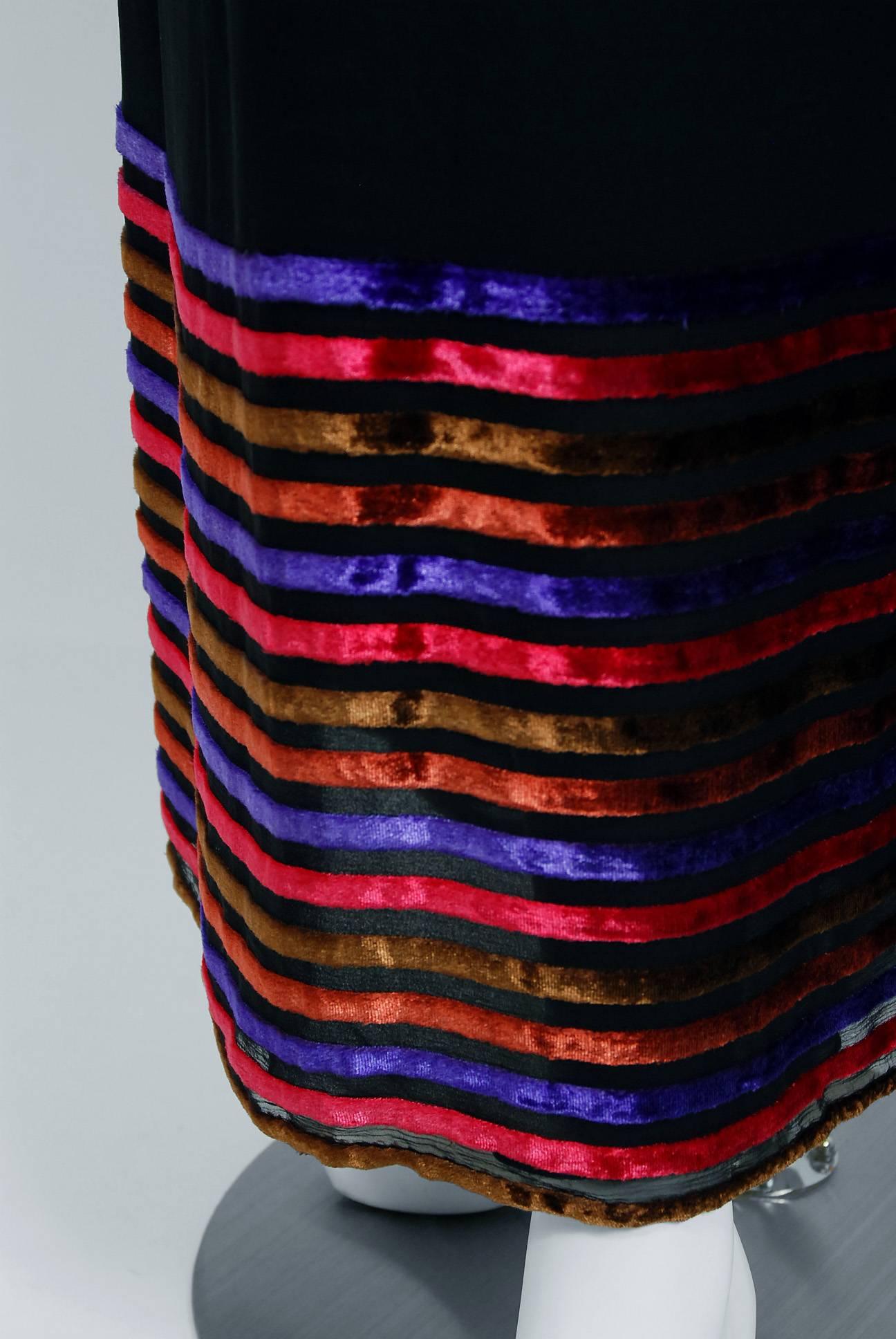Vintage 1978 Lanvin Couture Black Sheer Silk & Stripe Velvet Billow-Sleeve Gown For Sale 2