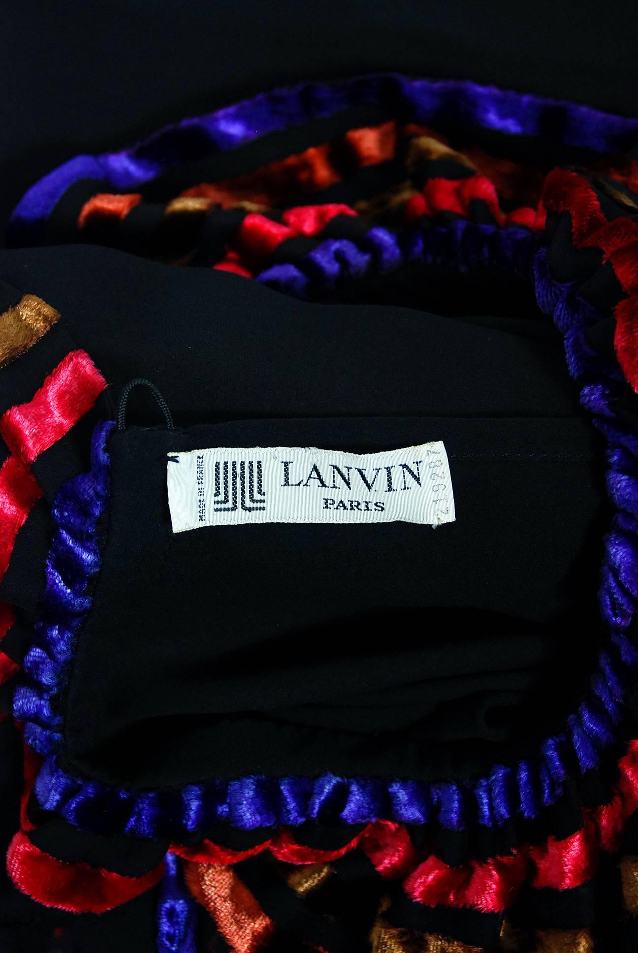 Vintage 1978 Lanvin Couture Black Sheer Silk & Stripe Velvet Billow-Sleeve Gown For Sale 3