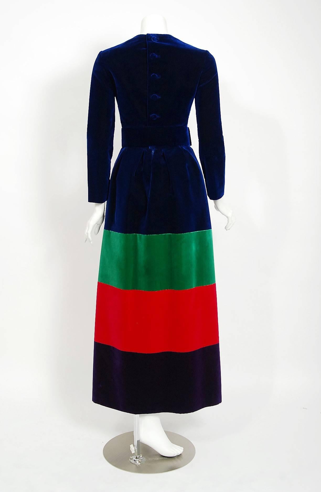 Black 1969 Nina Ricci Haute Couture Documented Rainbow Block-Color Velvet Maxi Dress For Sale